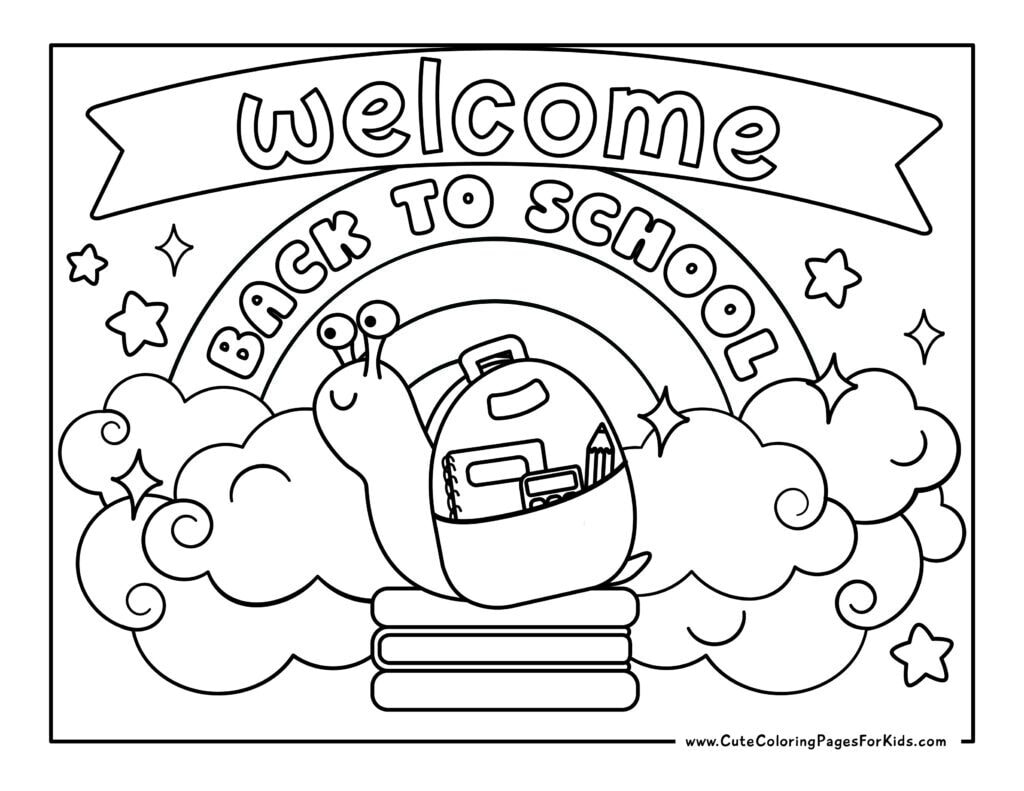 coloring page with words "Welcome Back to School" and cute drawing of a snail with a backpack, and rainbow and clouds as a backdrop