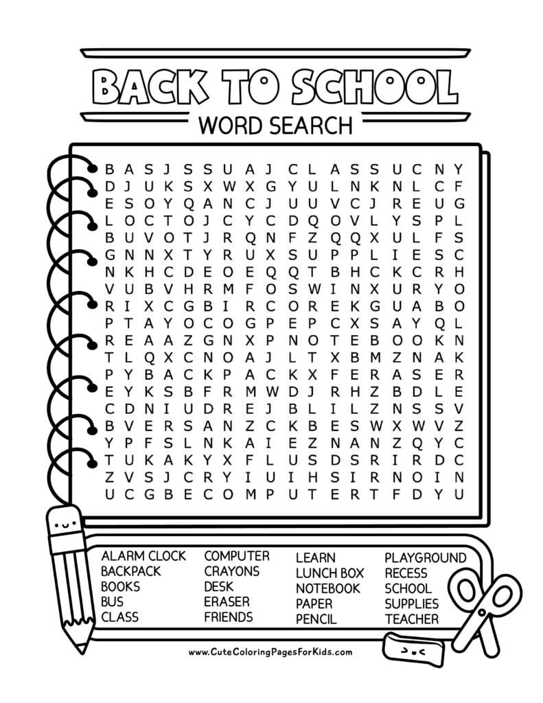 back to school word search with twenty words and black and white illustrations.