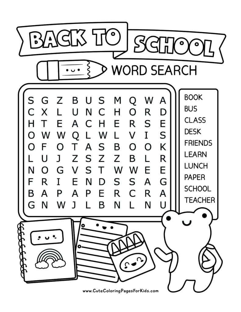 easy back to school word search puzzle with 10 words and simple illustrations of school supplies in black and white