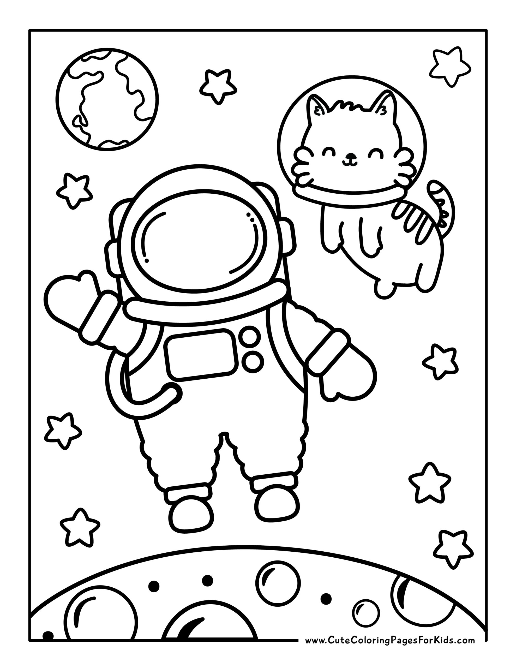Coloring page with pictures of astronauts and a cat in space with stars and part of the moon, Earth in distant background