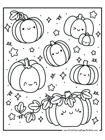 coloring sheet with lots of cute pumpkins of different sizes and shapes and other decorations to color, such as stars and swirls