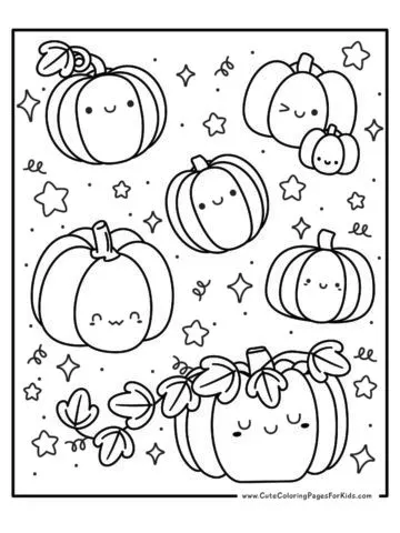 coloring sheet with lots of cute pumpkins of different sizes and shapes and other decorations to color, such as stars and swirls