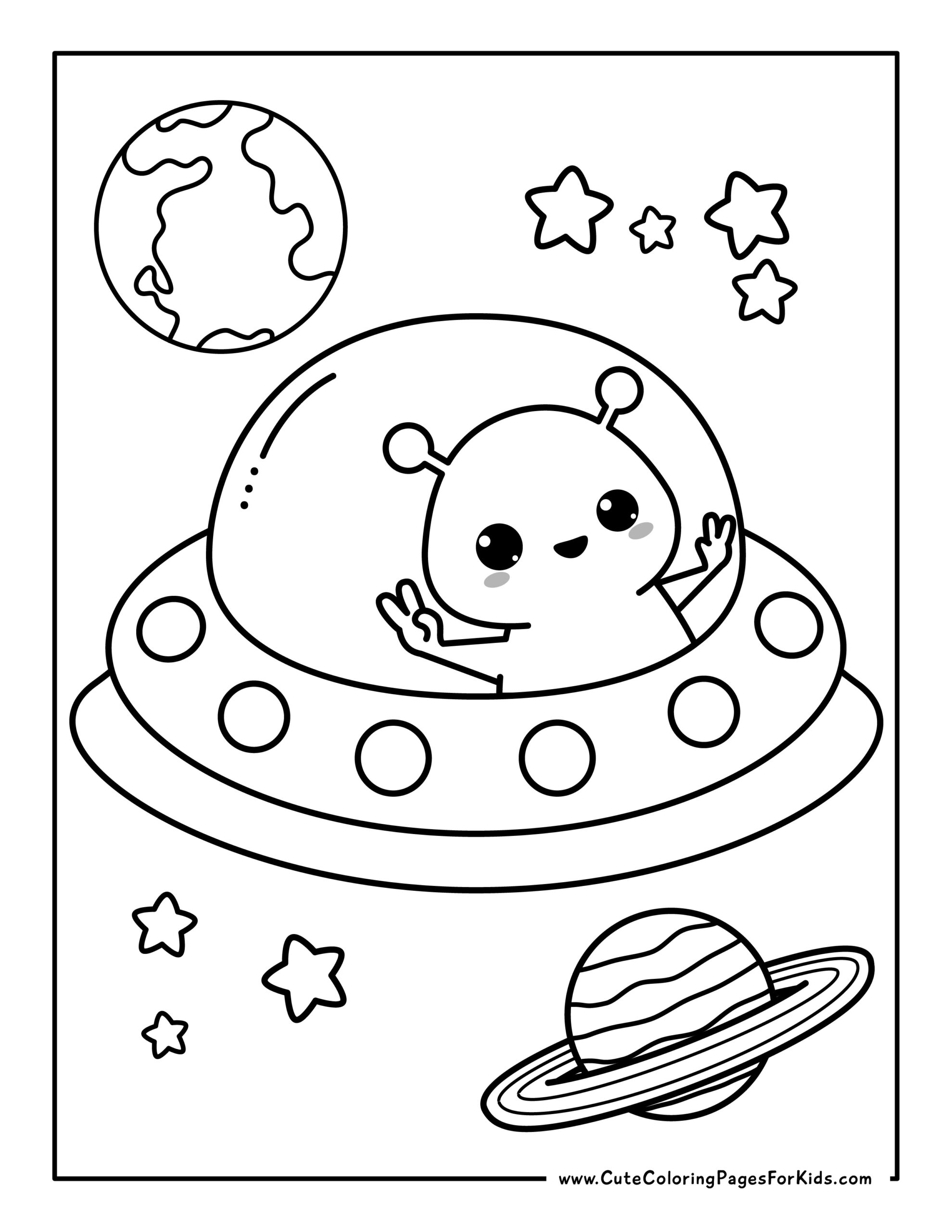Cute alien coloring page on spaceship with stars and planets