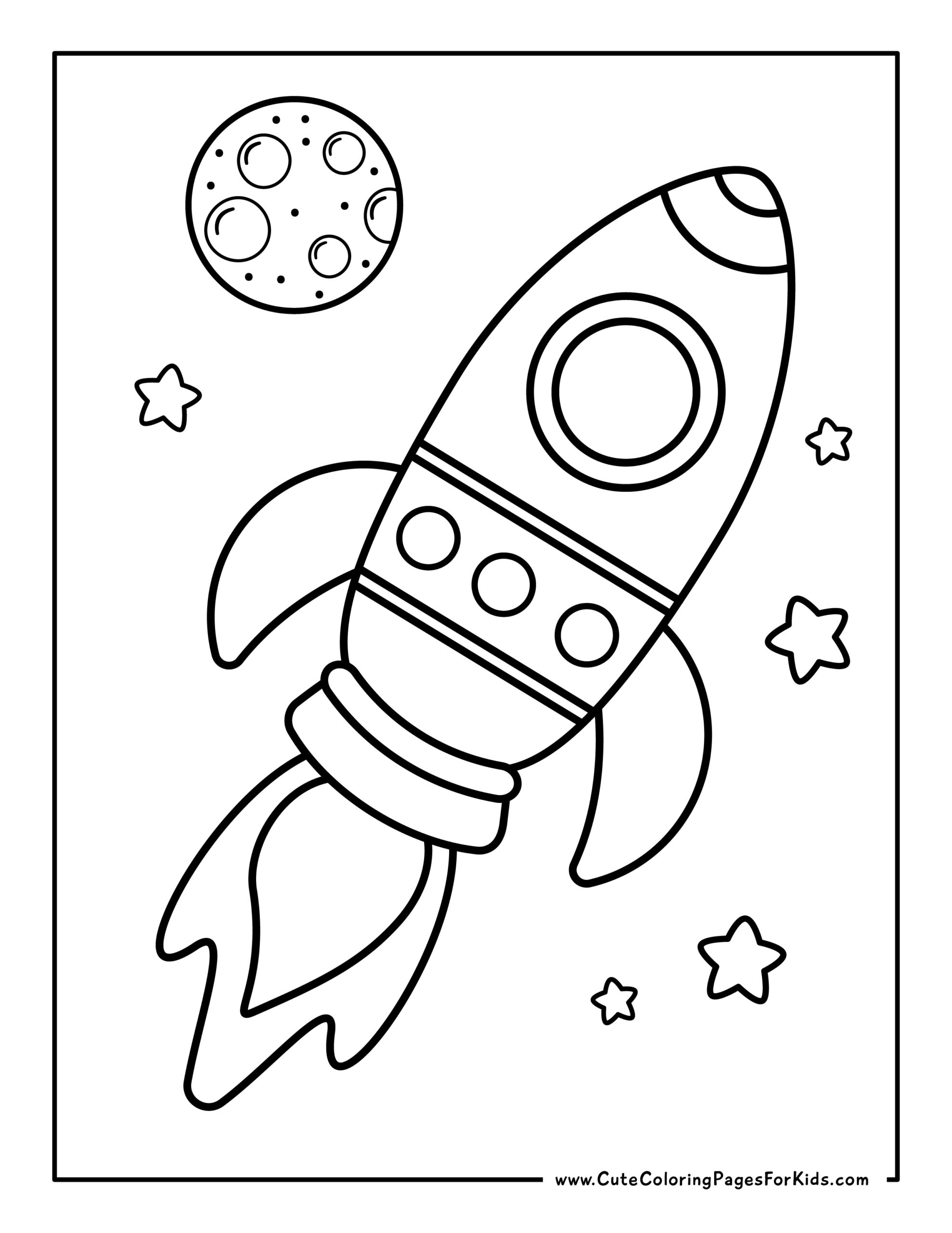 Rocket ship coloring page with moon and stars outer space