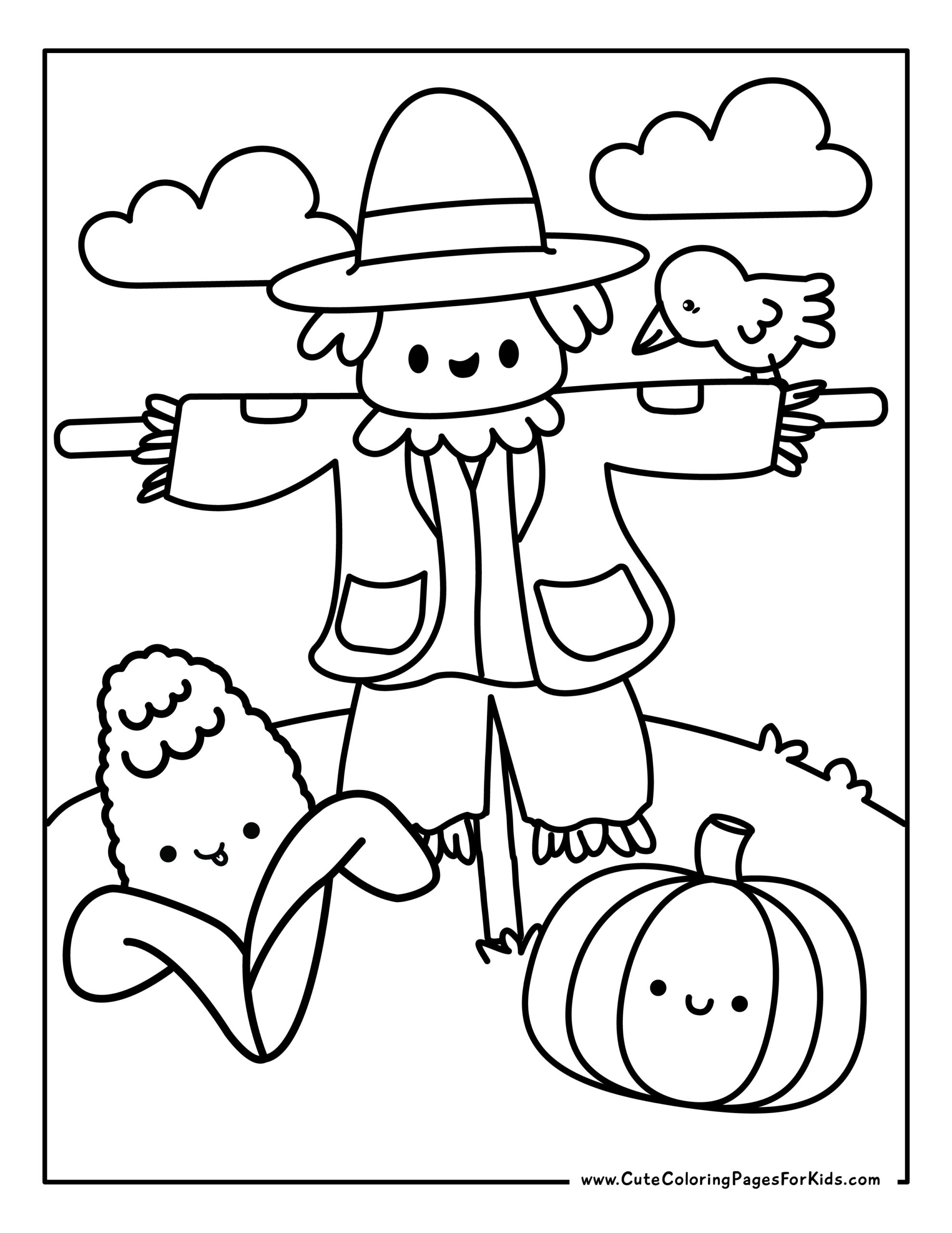 Scanner, simple illustration with scarecrow, corn, pumpkin and crow with clouds in the background