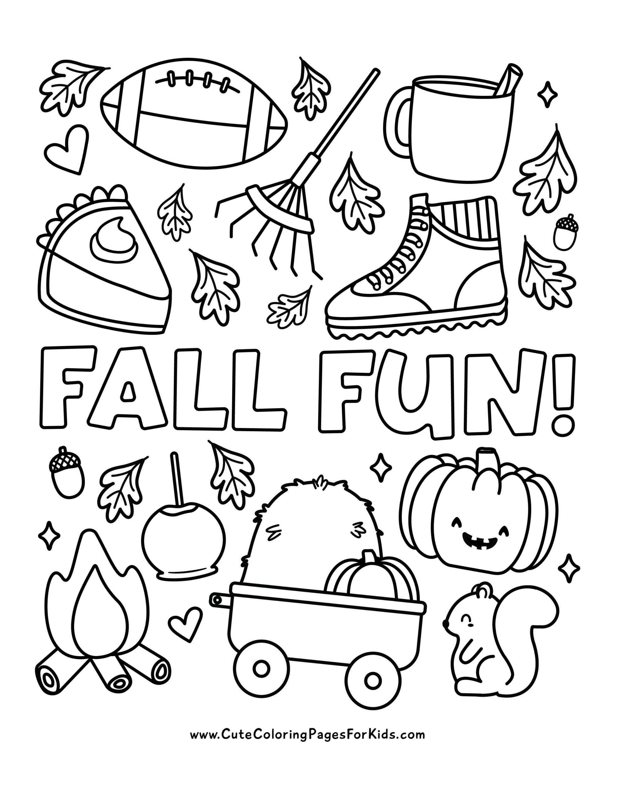Fun coloring list for autumn, simple illustrations with autumn elements such as soccer, rake, leaves, boots, candy apple, jack, squirrel, acorn, pumpkin pie, bonfire and words 