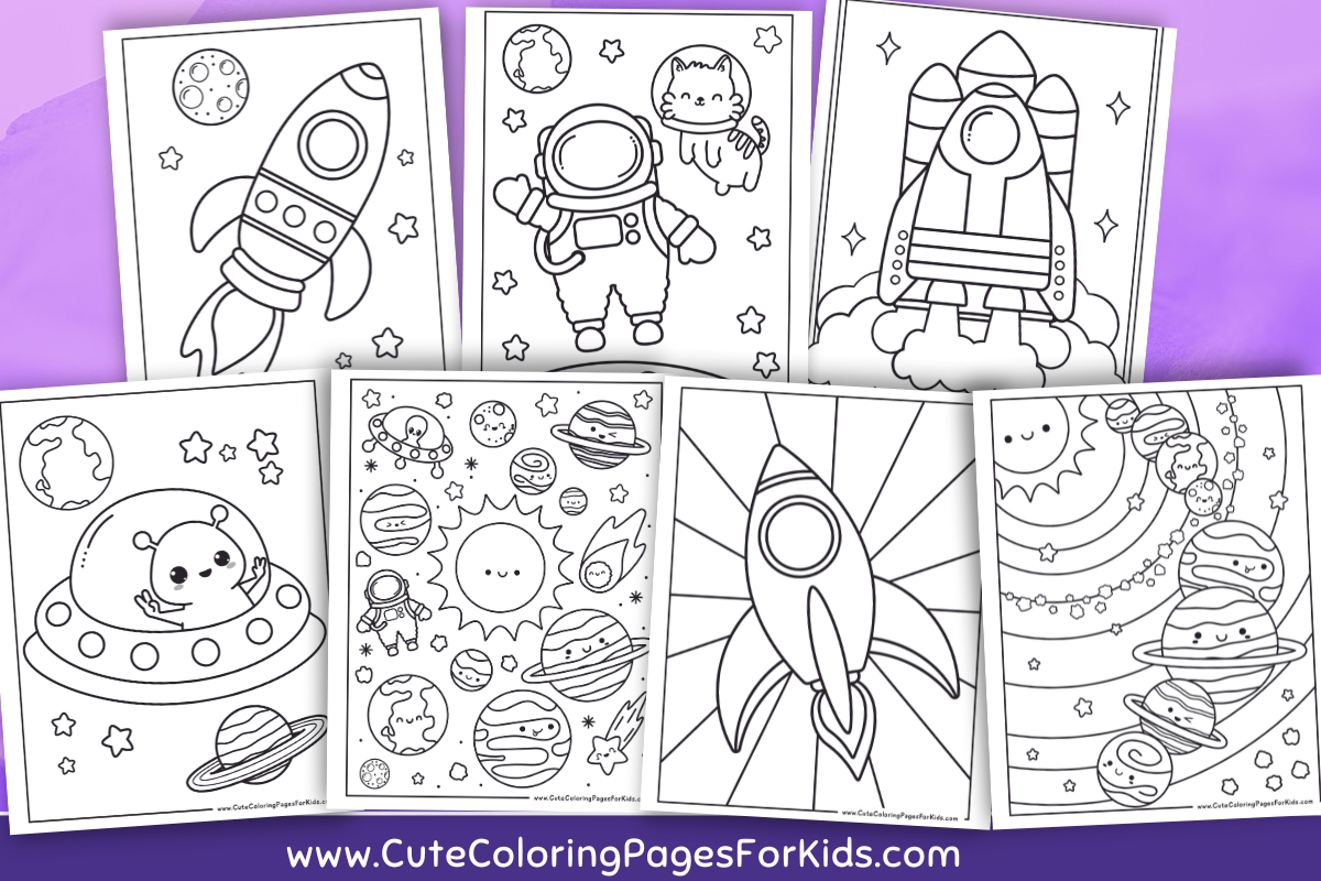 Space theme coloring paper arranged on purple background