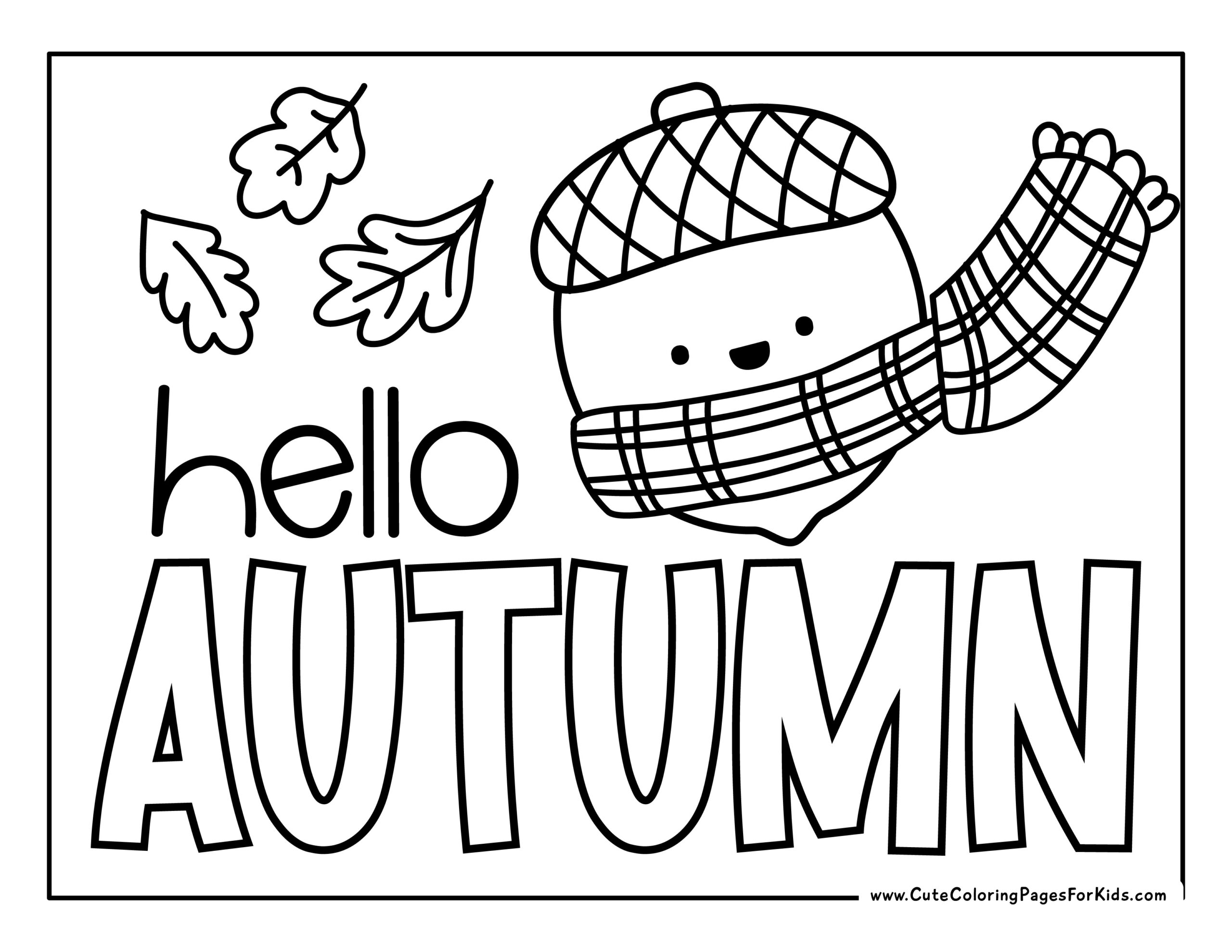 Simple coloring list, the fall at the bottom of the page has Hello Aut, and a cute acorn wearing a scarf, and leaves falling from the top.