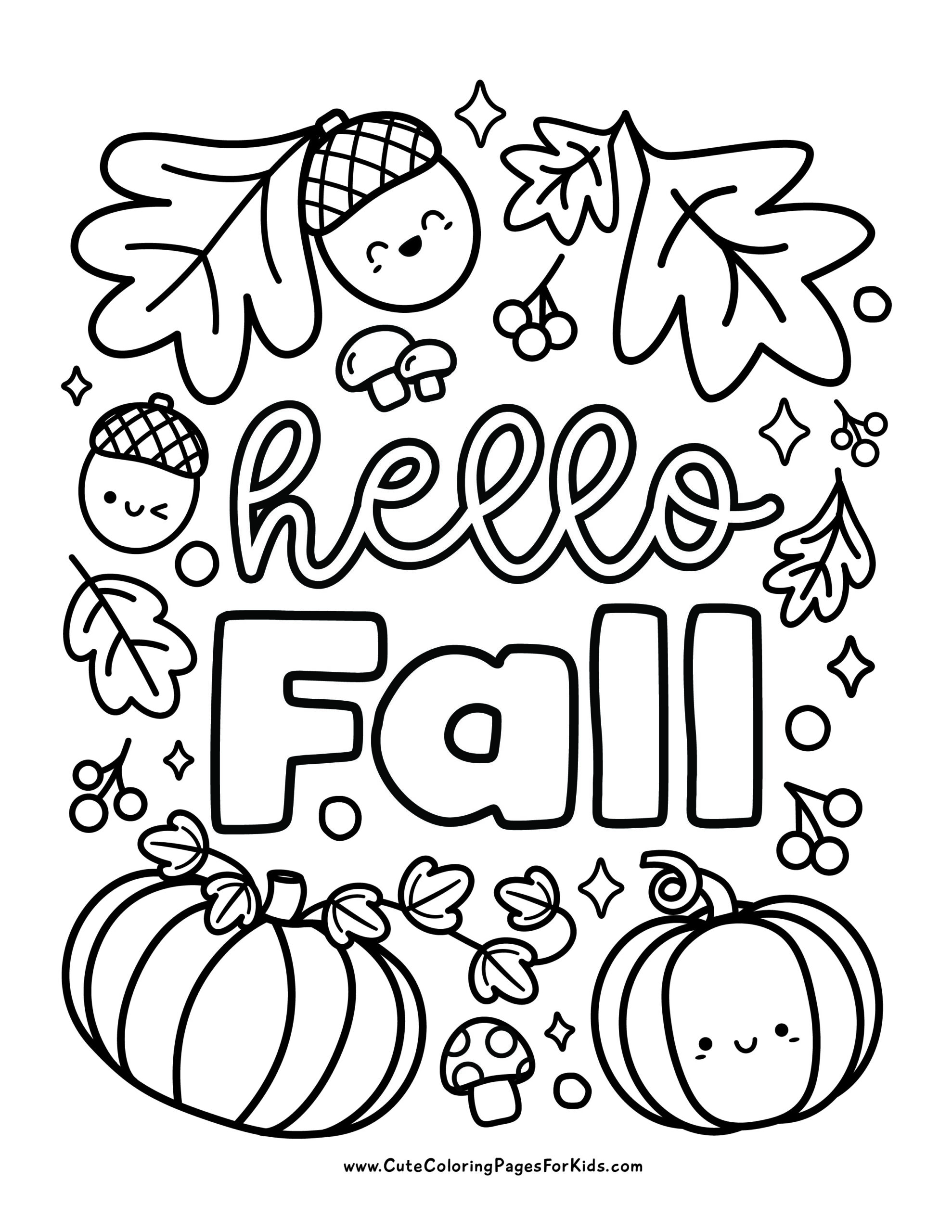 hello fall coloring page with cute acorns, mushrooms, fall leaves, and pumpkins to color