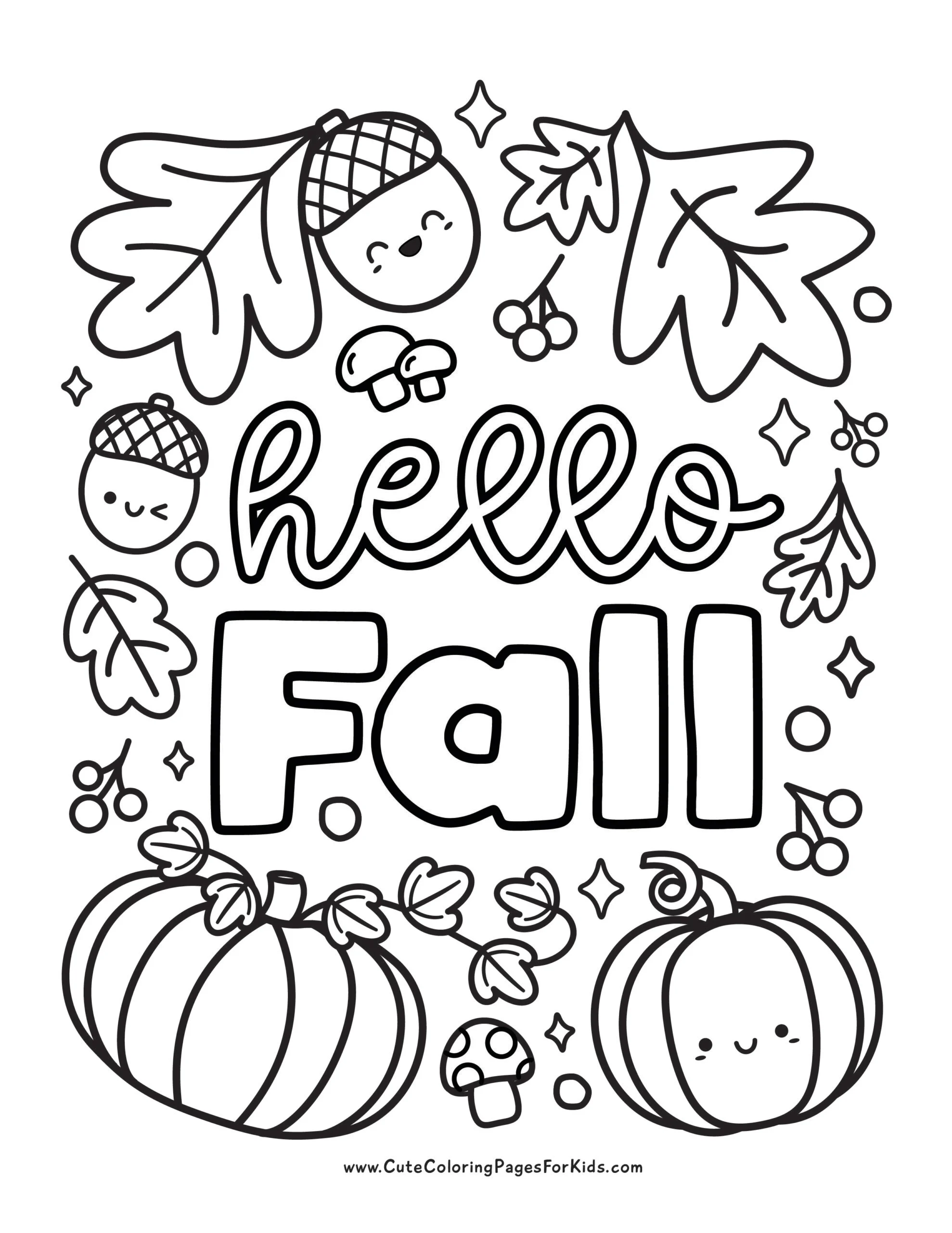 hello fall coloring page with cute acorns, mushrooms, fall leaves, and pumpkins to color