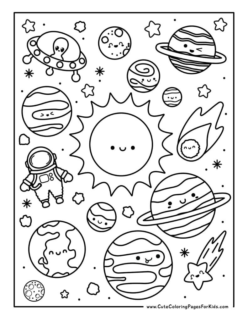 space coloring sheet with planets, astronaut, alien in spaceship, meteor, asteroid, sun, and stars