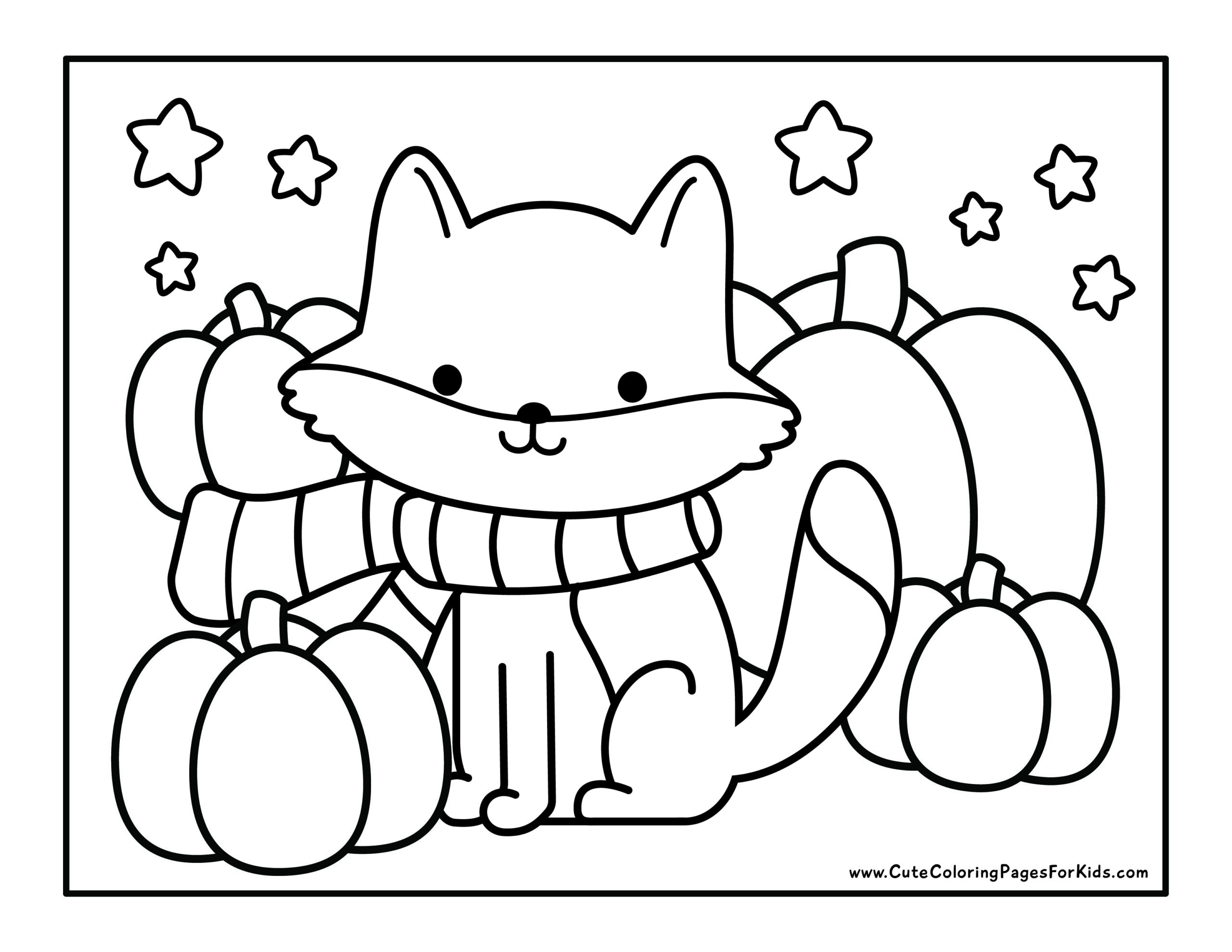 Coloring paper with pictures of a cute fox wearing a striped scarf surrounded by pumpkins and stars in the sky