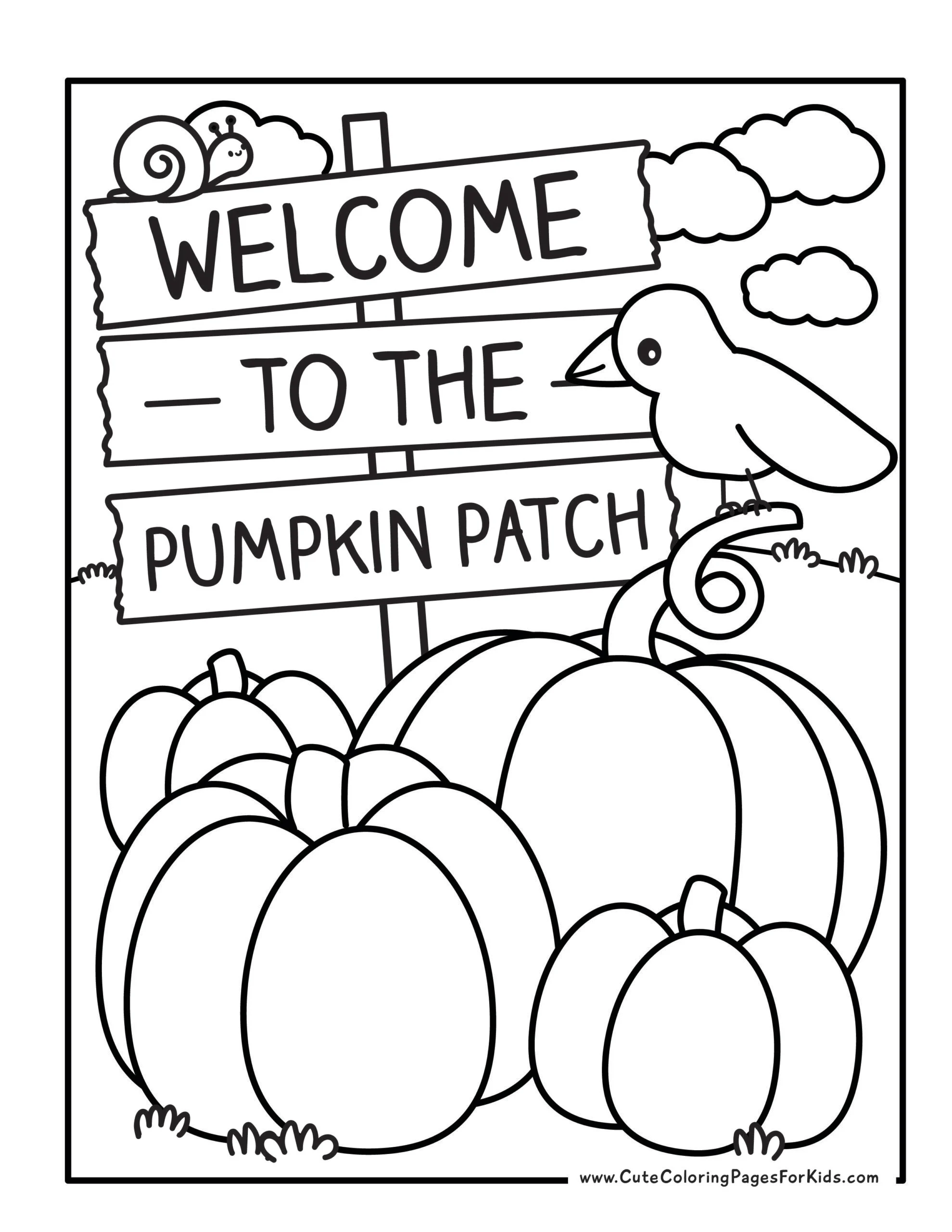 pumpkin patch coloring page with four different pumpkins, a crow, a snail, and a sign that reads "welcome to the pumpkin patch"