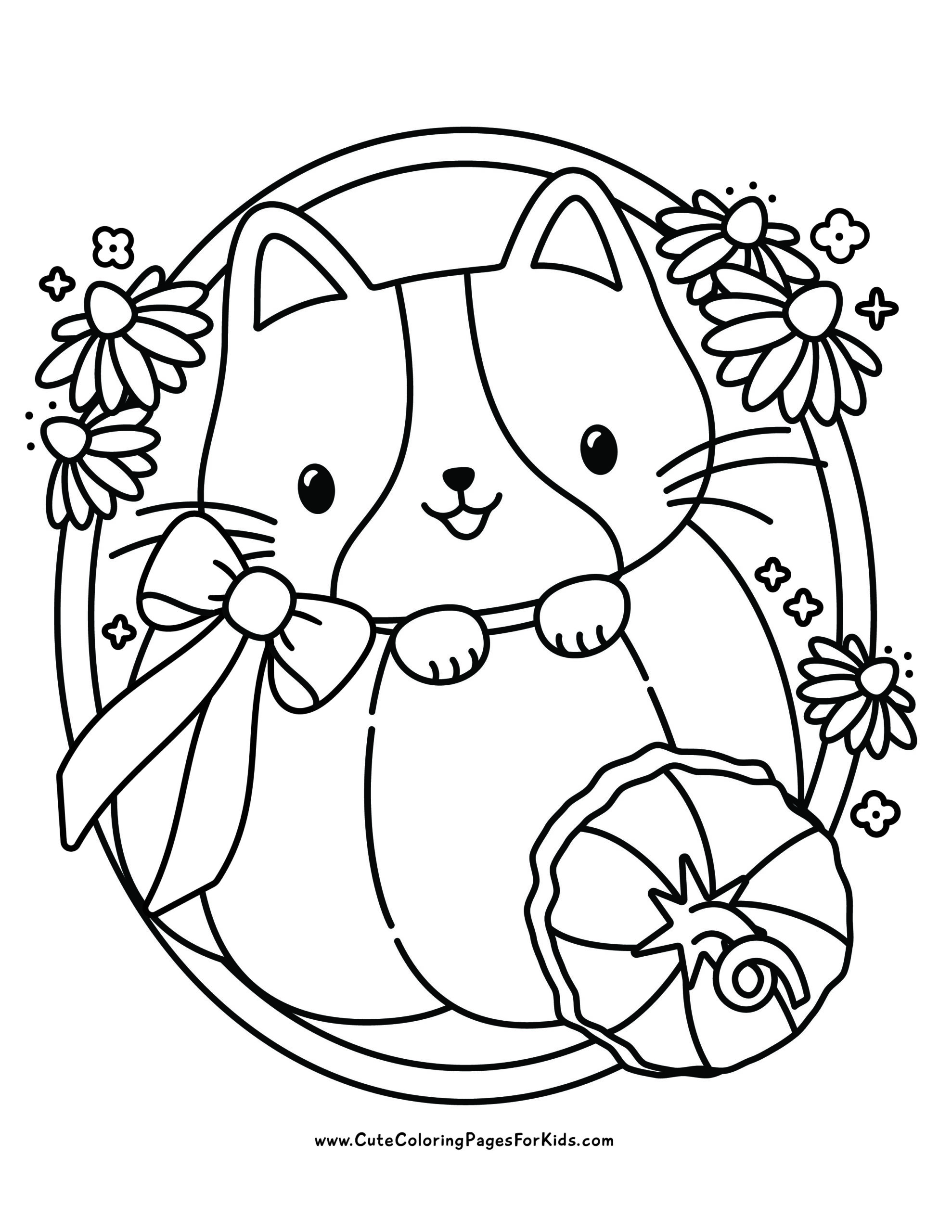 Coloring page, illustration of a cute kitten wearing a bow popping out of a pumpkin with flowers on the border