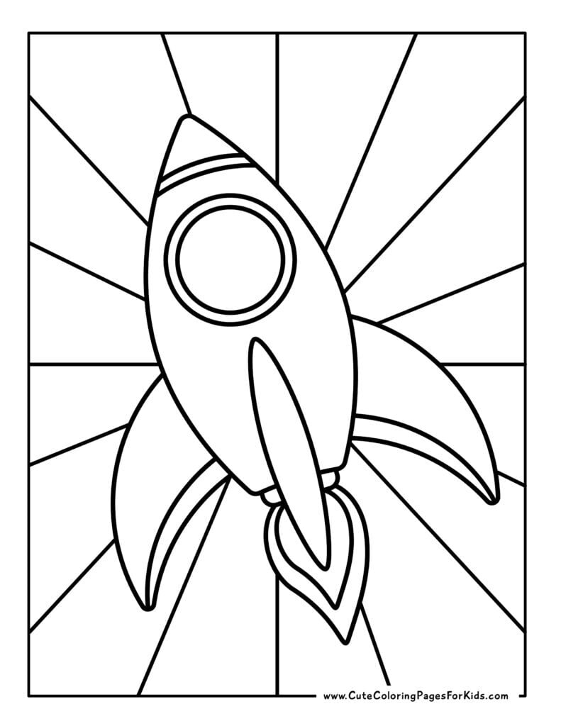 easy space rocket coloring sheet with starburst background