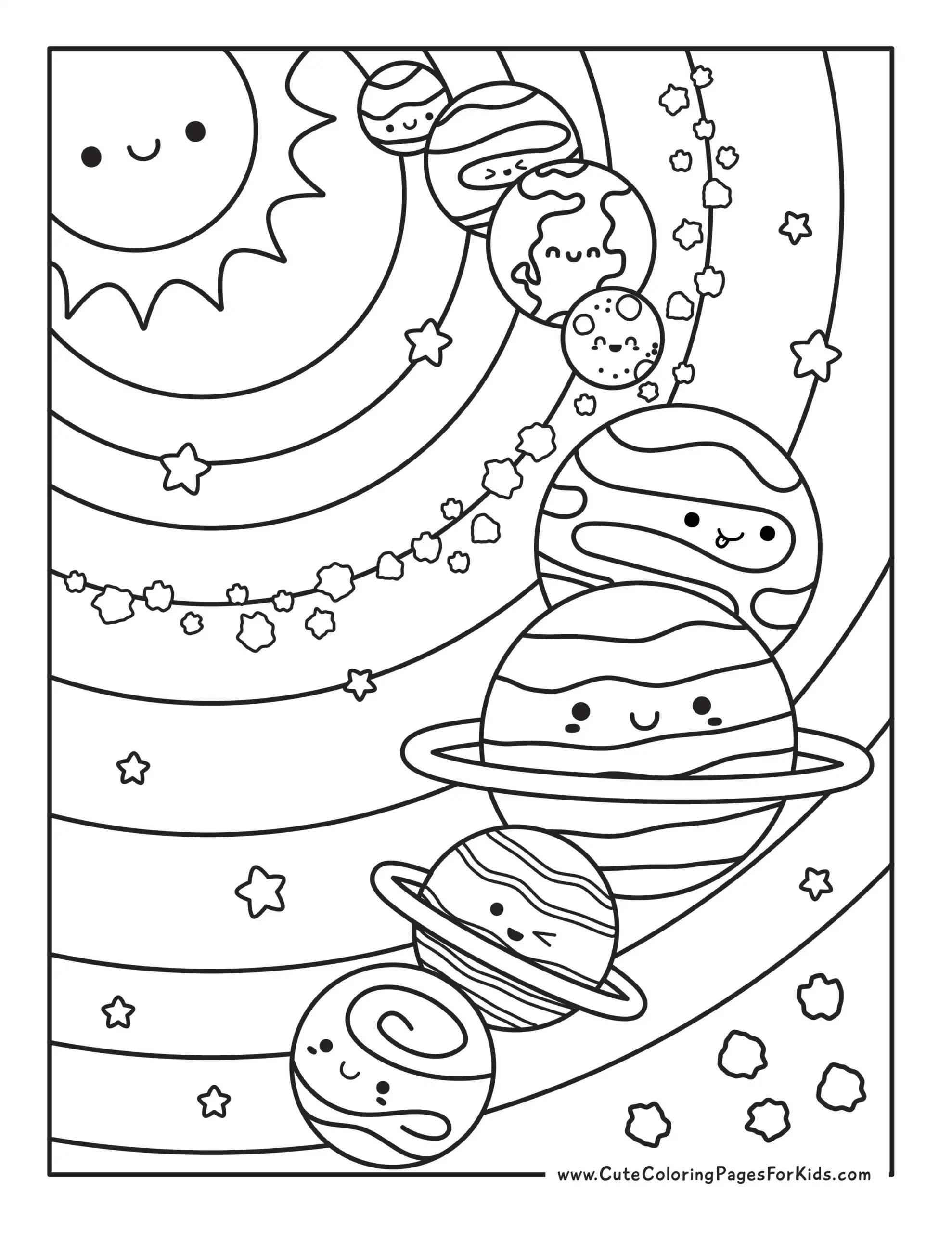 full page coloring sheet of solar system with planets, sun, stars, and asteroid belts, illustrated in kawaii style