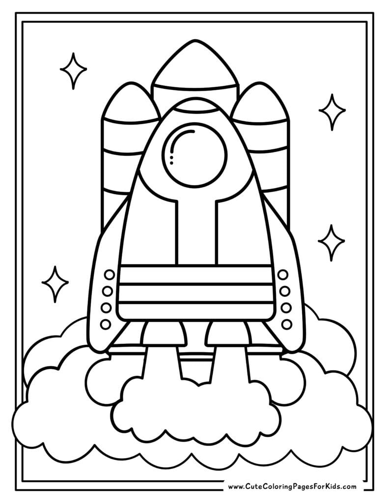 coloring page with picture of spaceship blasting off with rocket boosters.