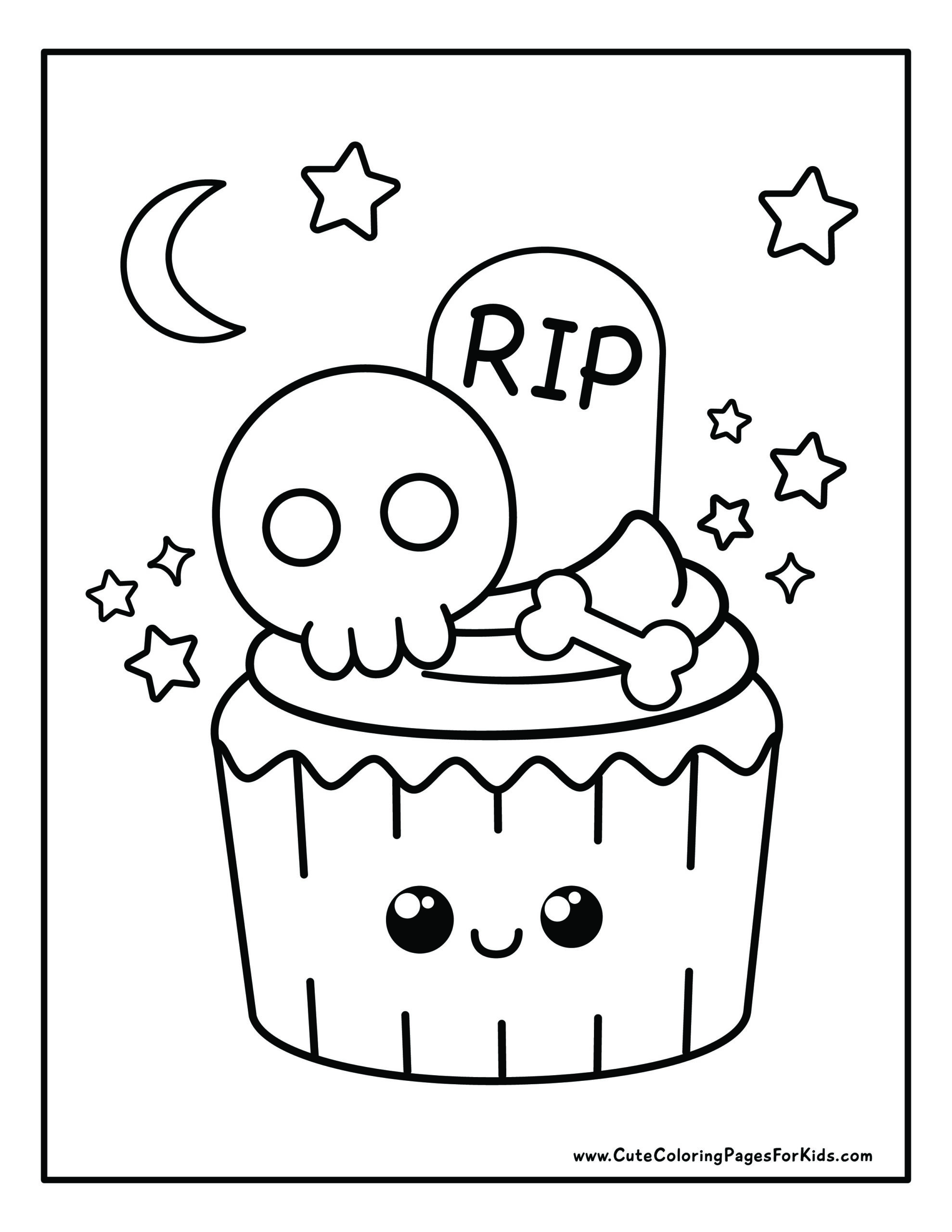 coloring page with line drawing of a cute cupcake with skull, gravestone, and bone on top of the icing, and stars and moons in the background