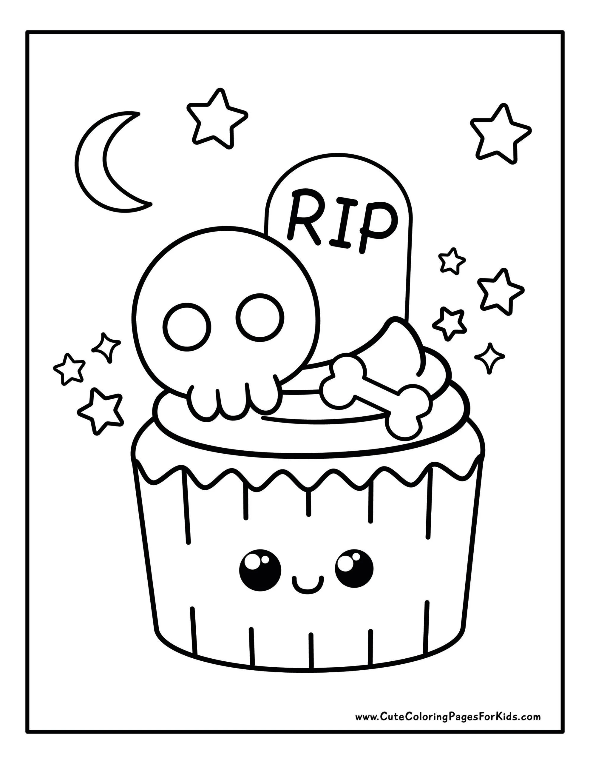 coloring page with line drawing of a cute cupcake with skull, gravestone, and bone on top of the icing, and stars and moons in the background