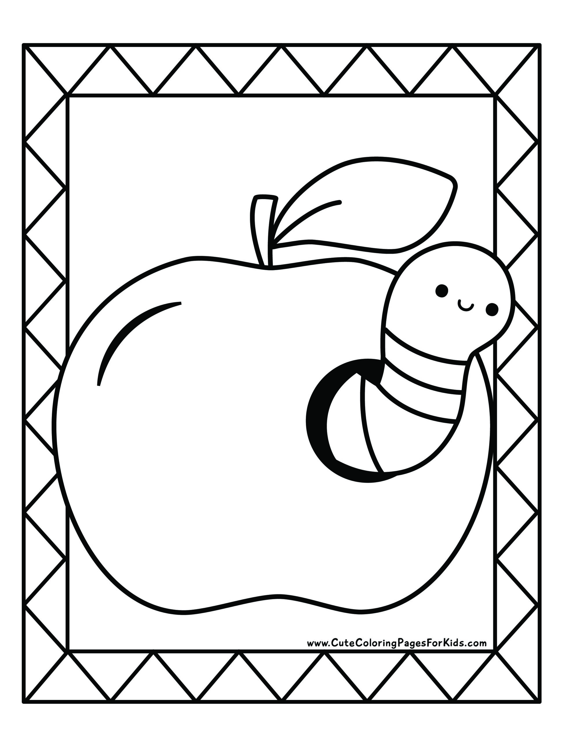 coloring page with drawing of a cute worm coming out of an apple with a geometric border around it