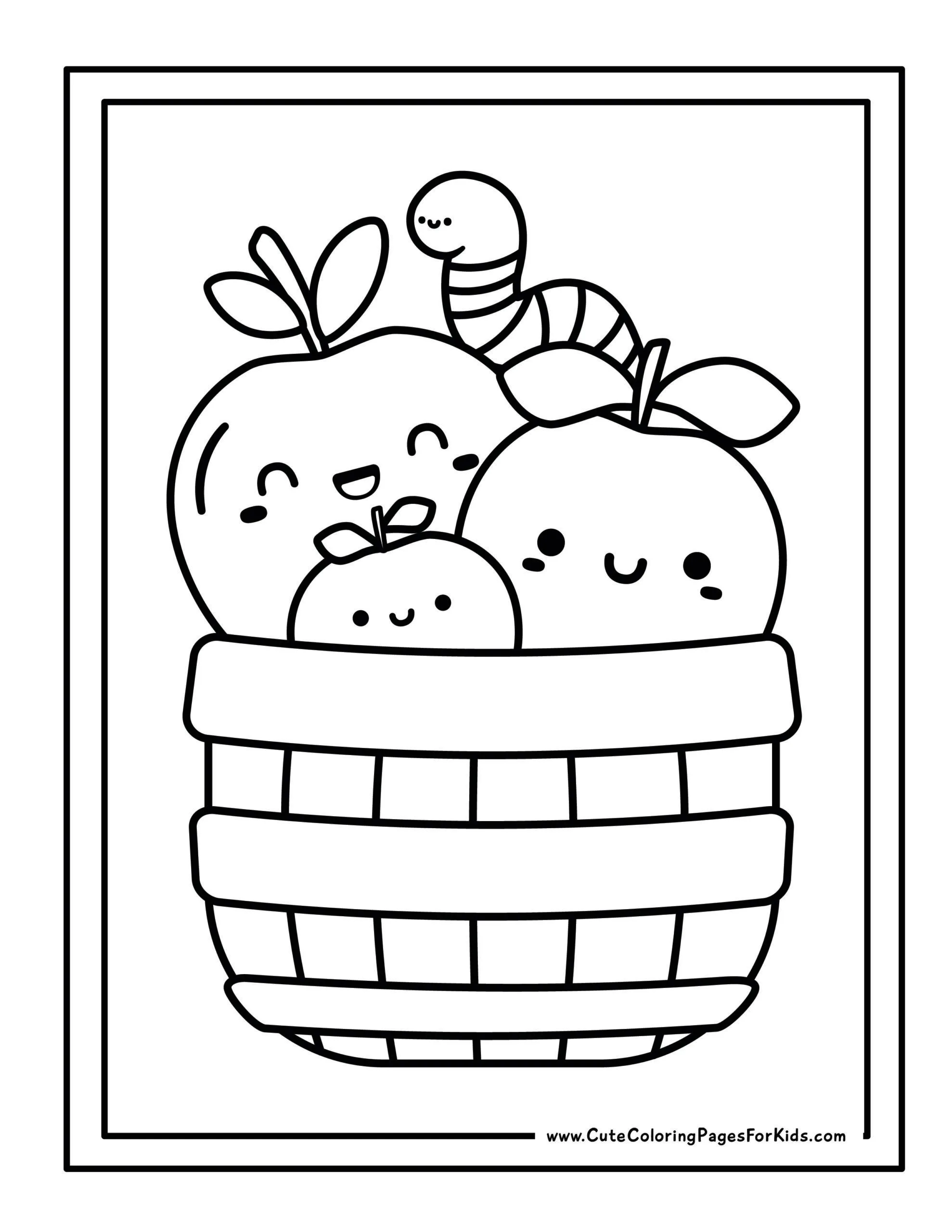 apple basket coloring page with three cute apples peaking out of a tall basket, and a friendly worm on top of the apples