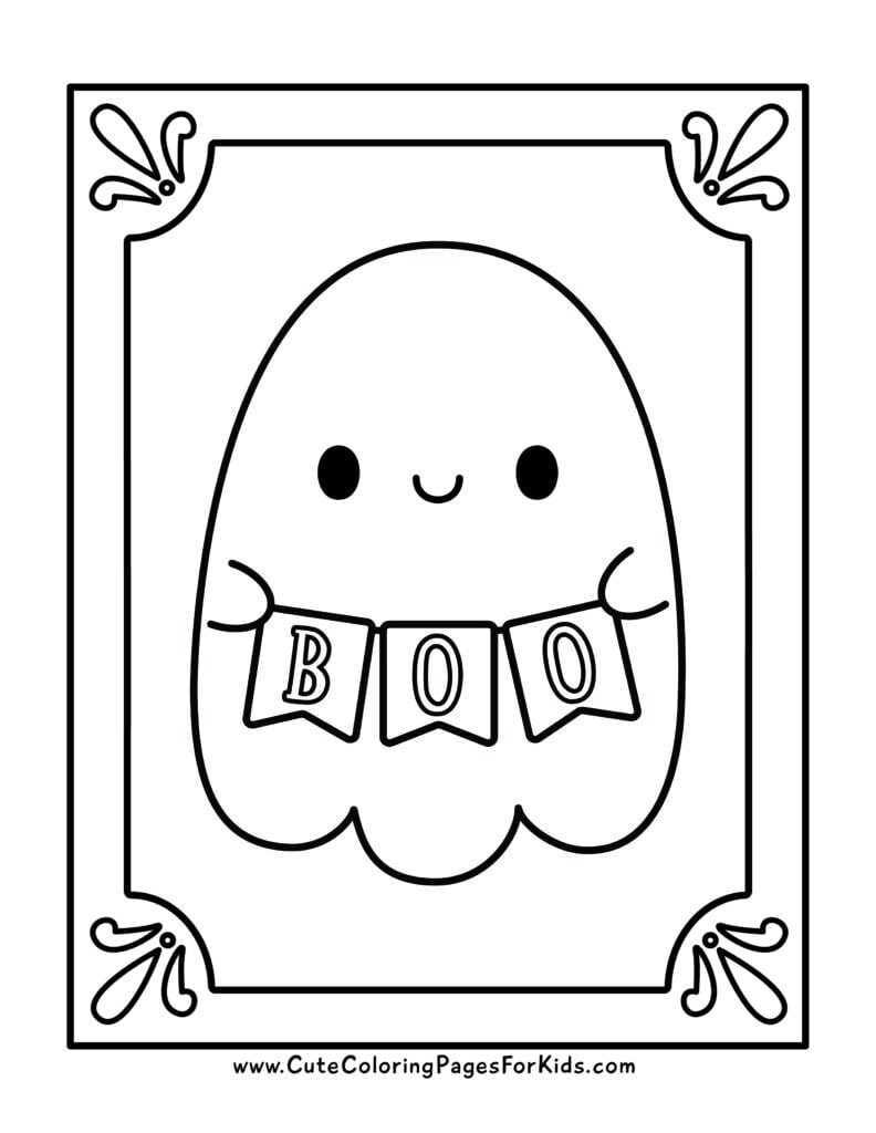 coloring page with frame border and cute smiling ghost holding a banner that says "BOO"