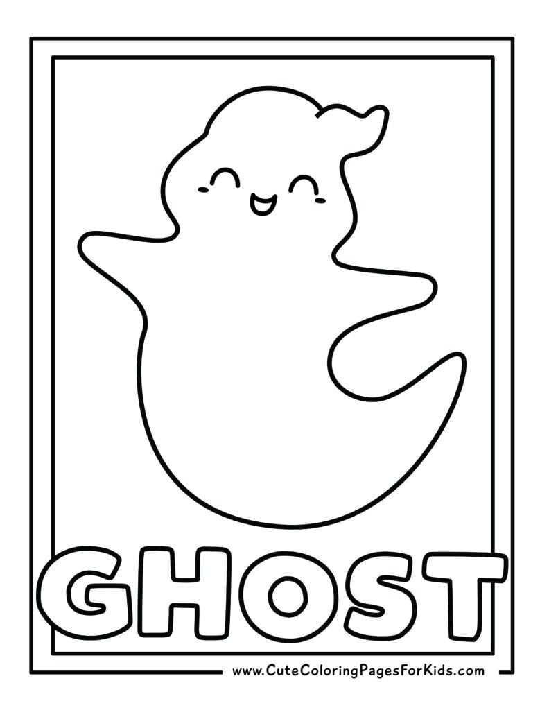 simple ghost coloring page with one happy ghost and the word GHOST underneath it.