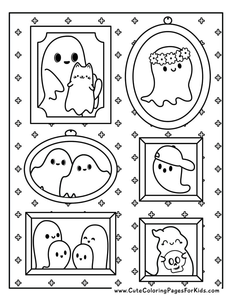 full page coloring sheet with illustrations of a frame gallery with pictures of ghosts within the frames.