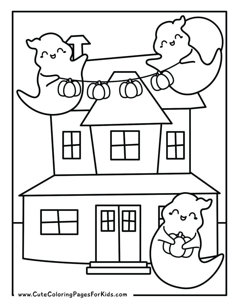 coloring page with picture of three ghosts decorating a house with pumpkins