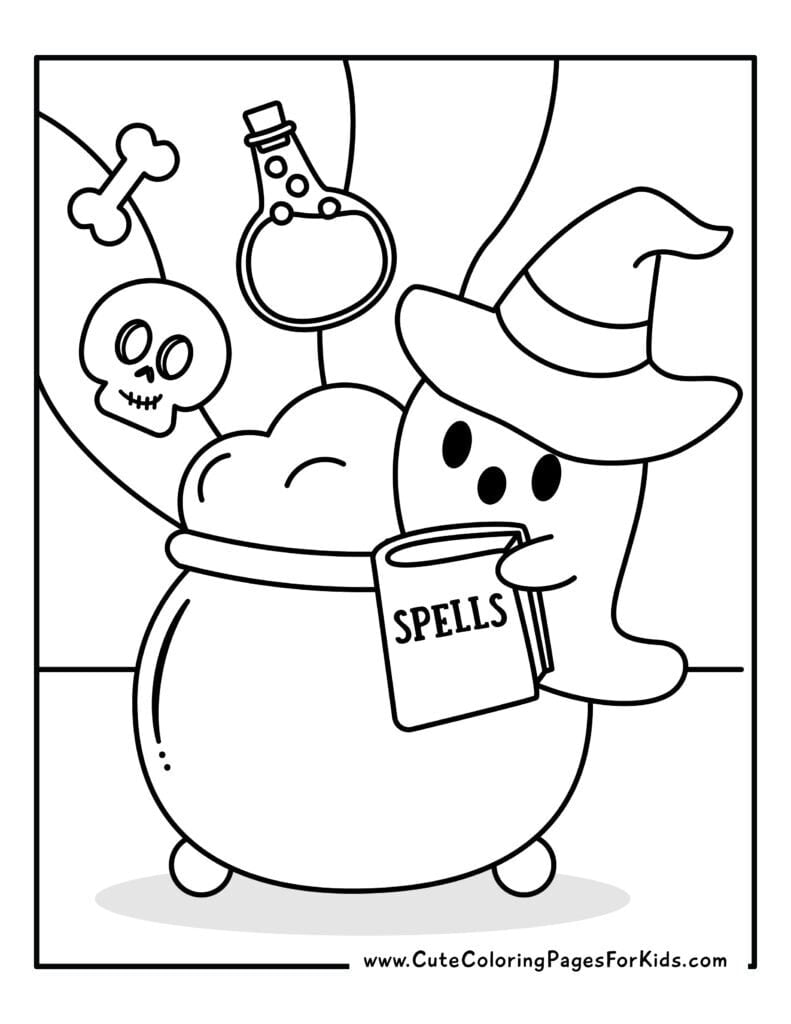 coloring page with ghost wearing a witch's hat, floating near a cauldron while holding a book. A bone, skull, and potion bottle are floating above the cauldron.