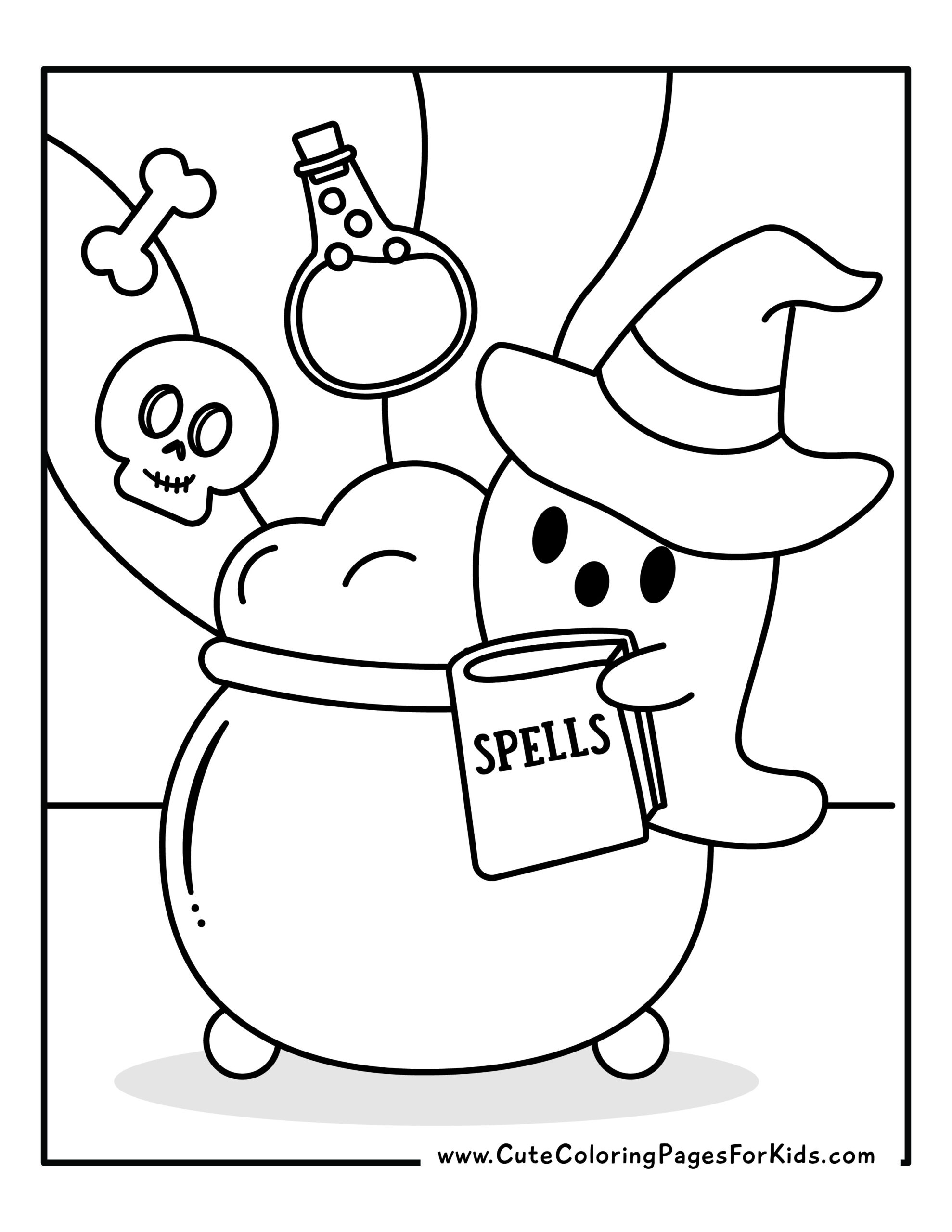 ghost coloring page with picture of a cute ghost in a witch's hat casting a spell in a cauldron