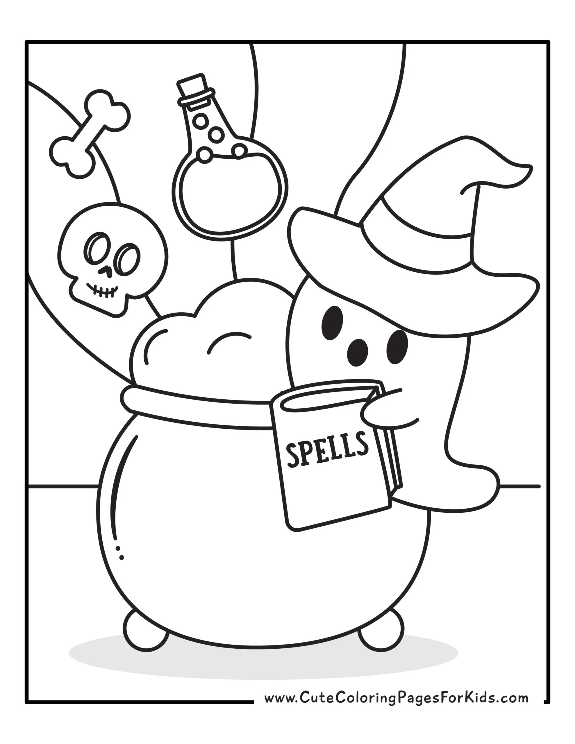 ghost coloring page with picture of a cute ghost in a witch's hat casting a spell in a cauldron