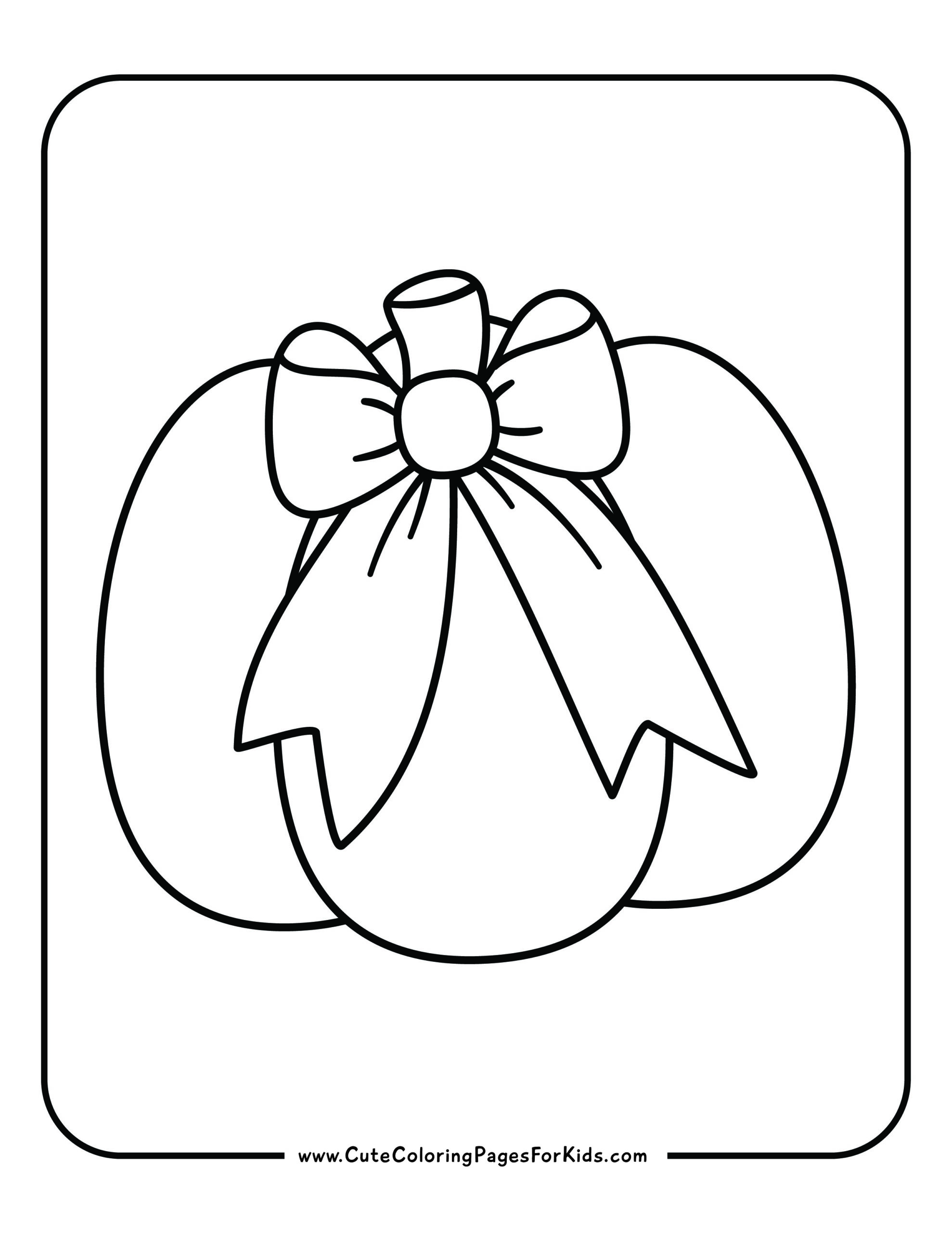 Coloring page, simple pumpkin image, bow tied to stem
