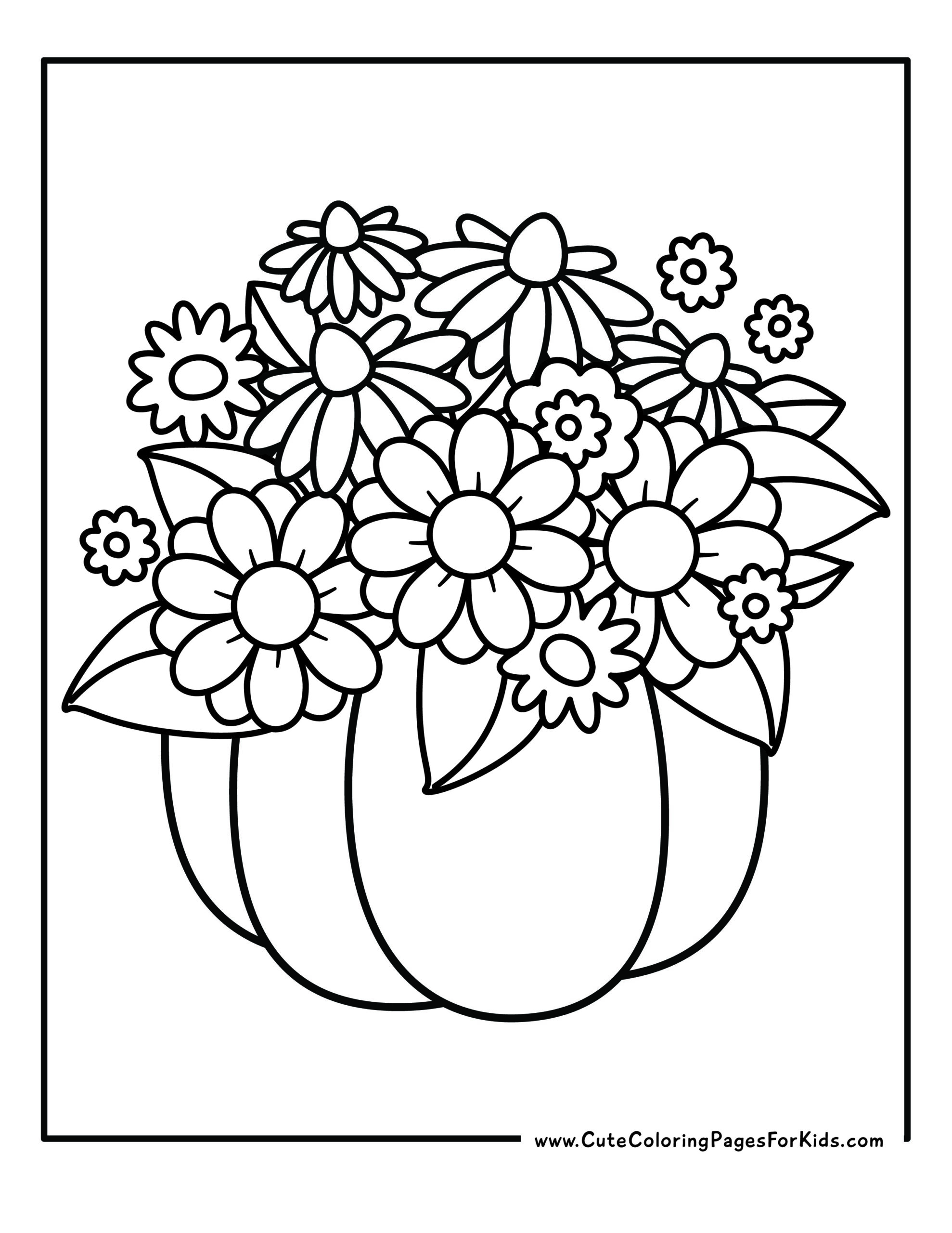 Coloring page, illustration of a bouquet of flowers from the top of the pumpkin