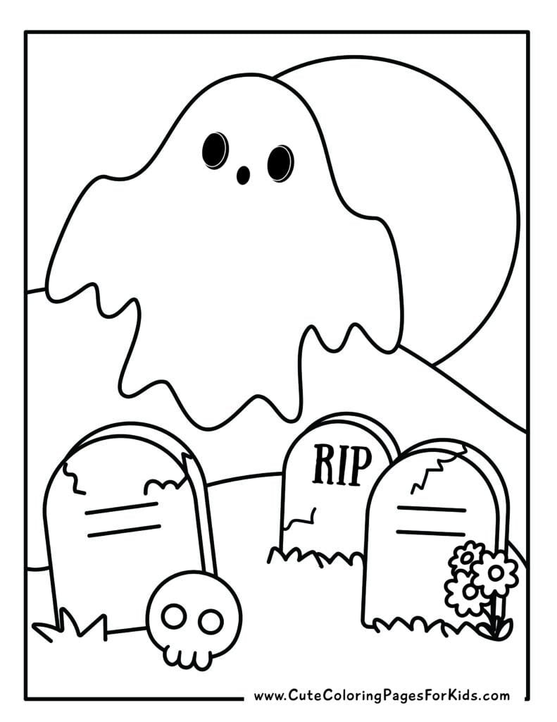 coloring page with picture of a ghost flying over a graveyard.