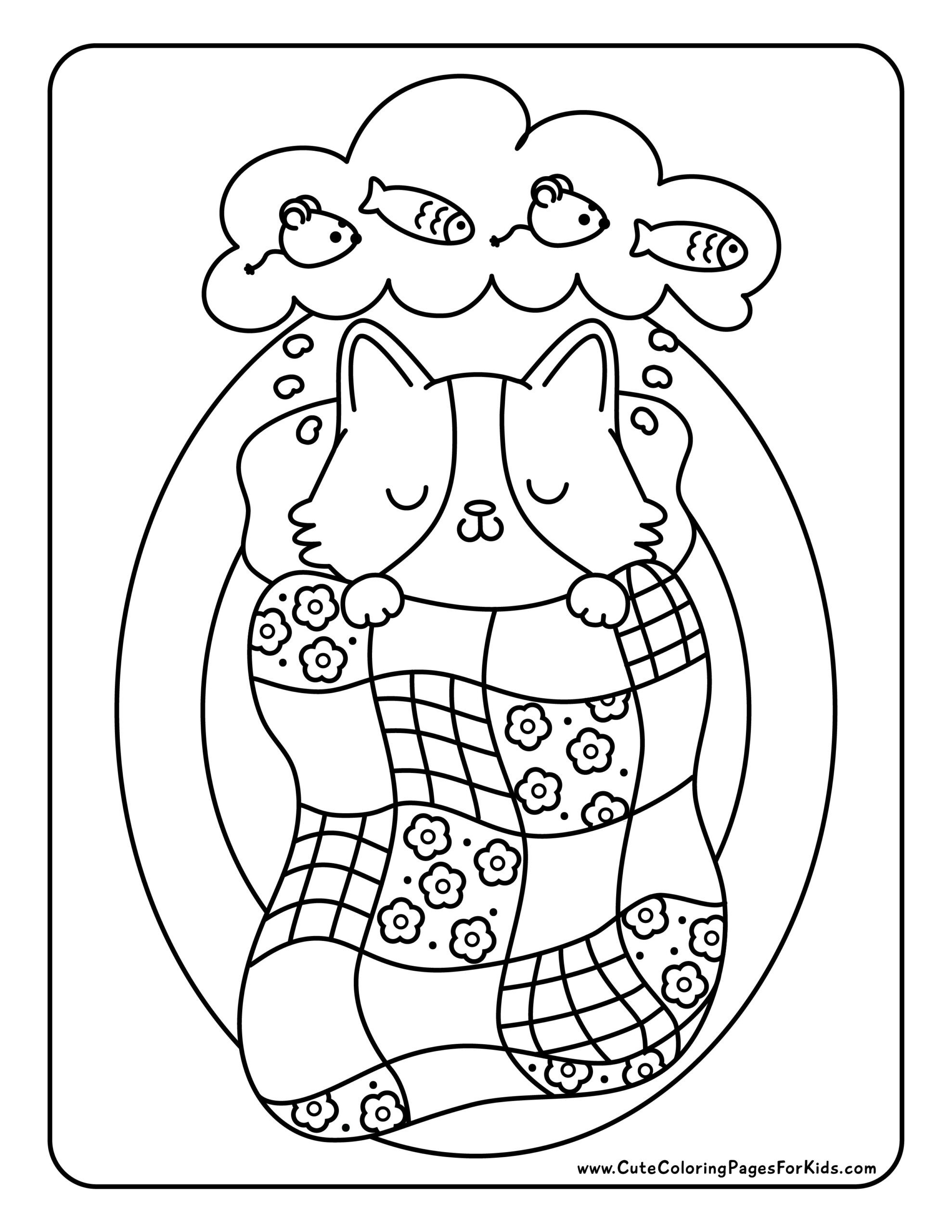 Coloring page, picture of cat sleeping under the quilt, dreaming of mouse and fish