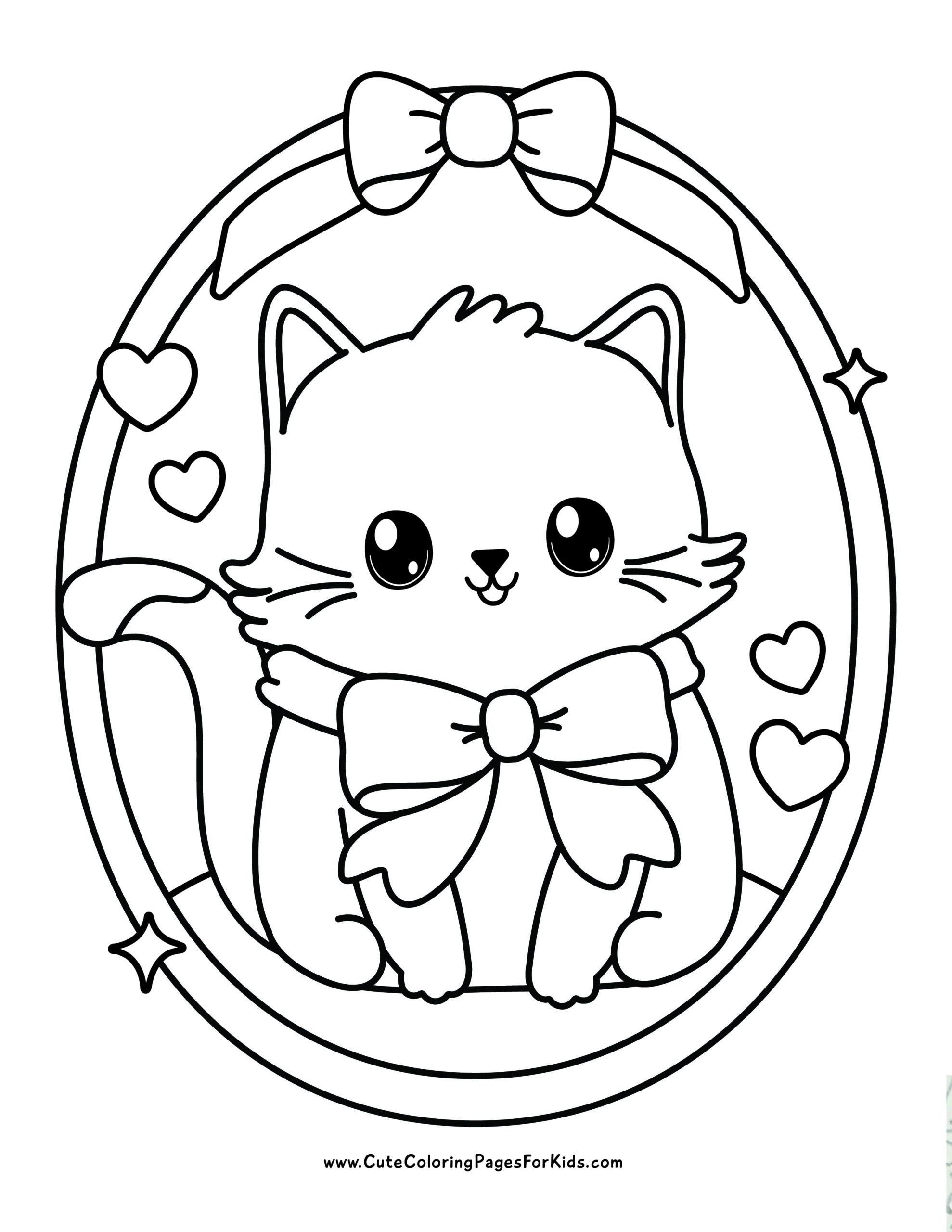 Cute kitten coloring page, bow and heart