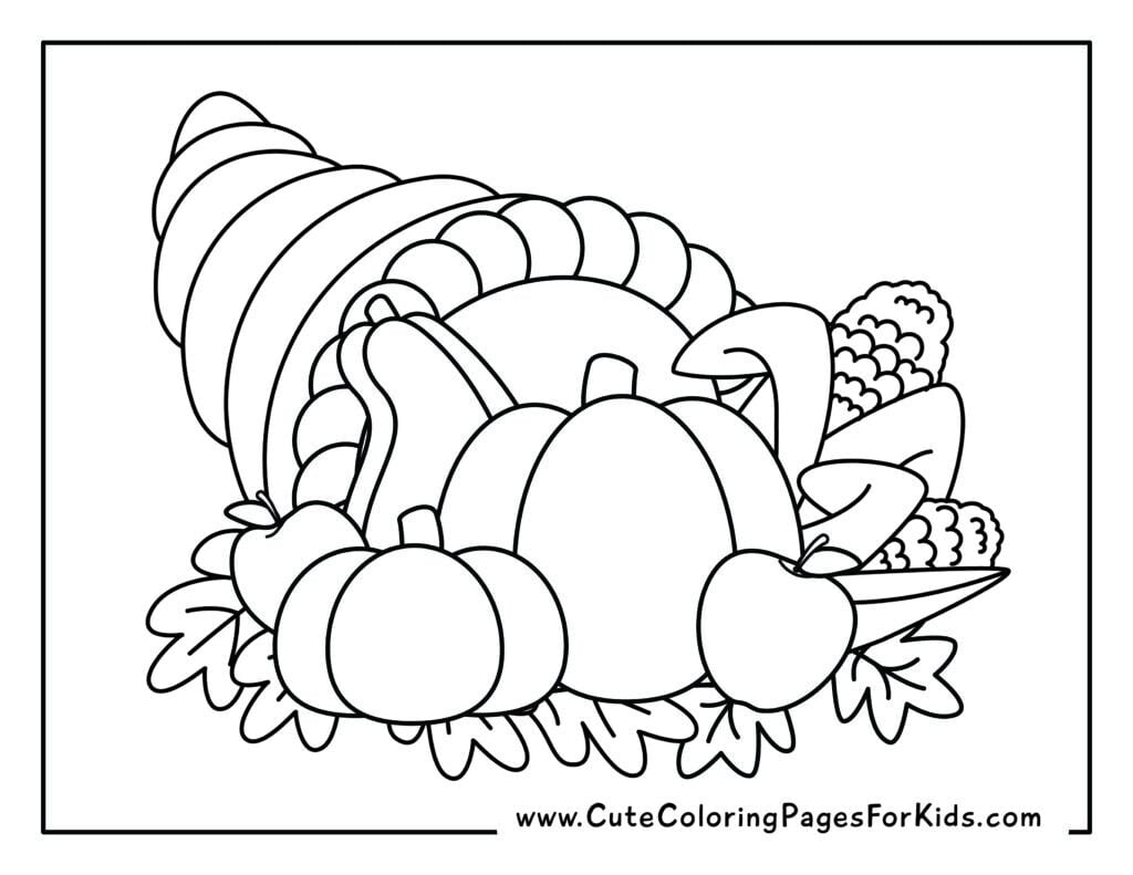 cornucopia coloring page with pumpkins, gourds, apples, corn, and leaves coming out of it.