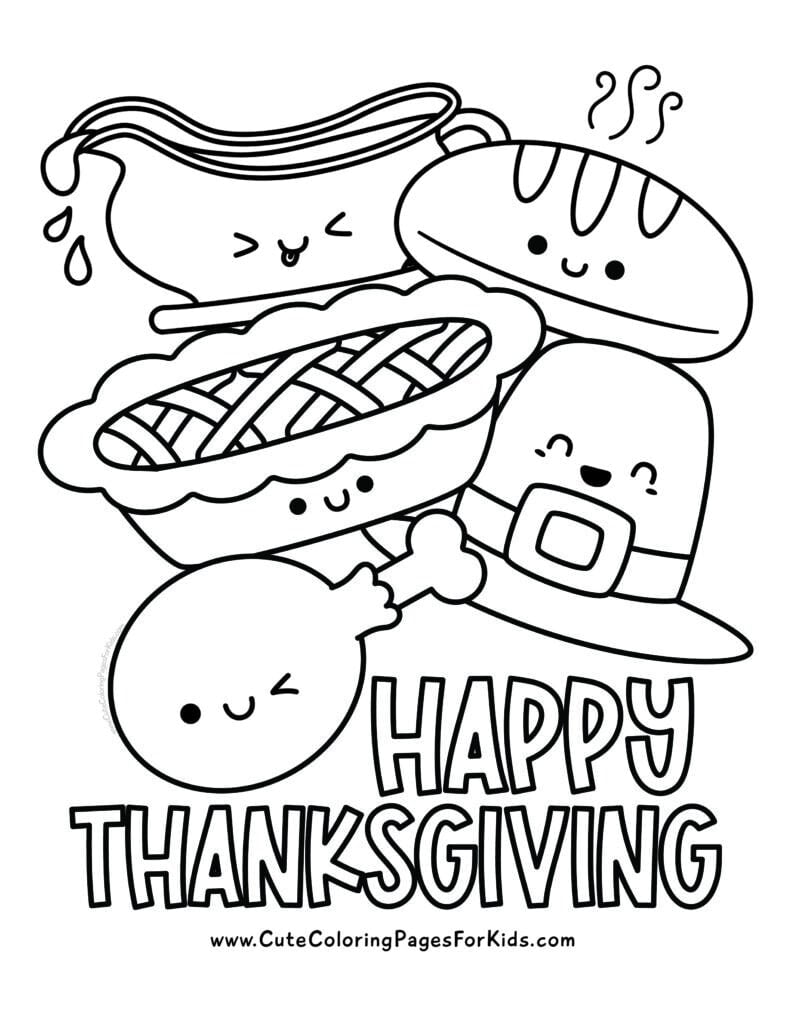 Thanksgiving coloring sheet with large, Thanksgiving feast elements, including turkey leg, apple pie, pilgrim hat, bread loaf, and gravy boat, that are large and easy to color.