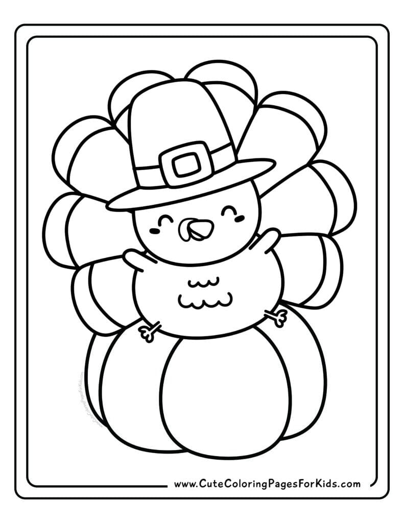 coloring page with picture of a cute, cartoon Thanksgiving turkey wearing a pilgrim hat and sitting on a pumpkin.
