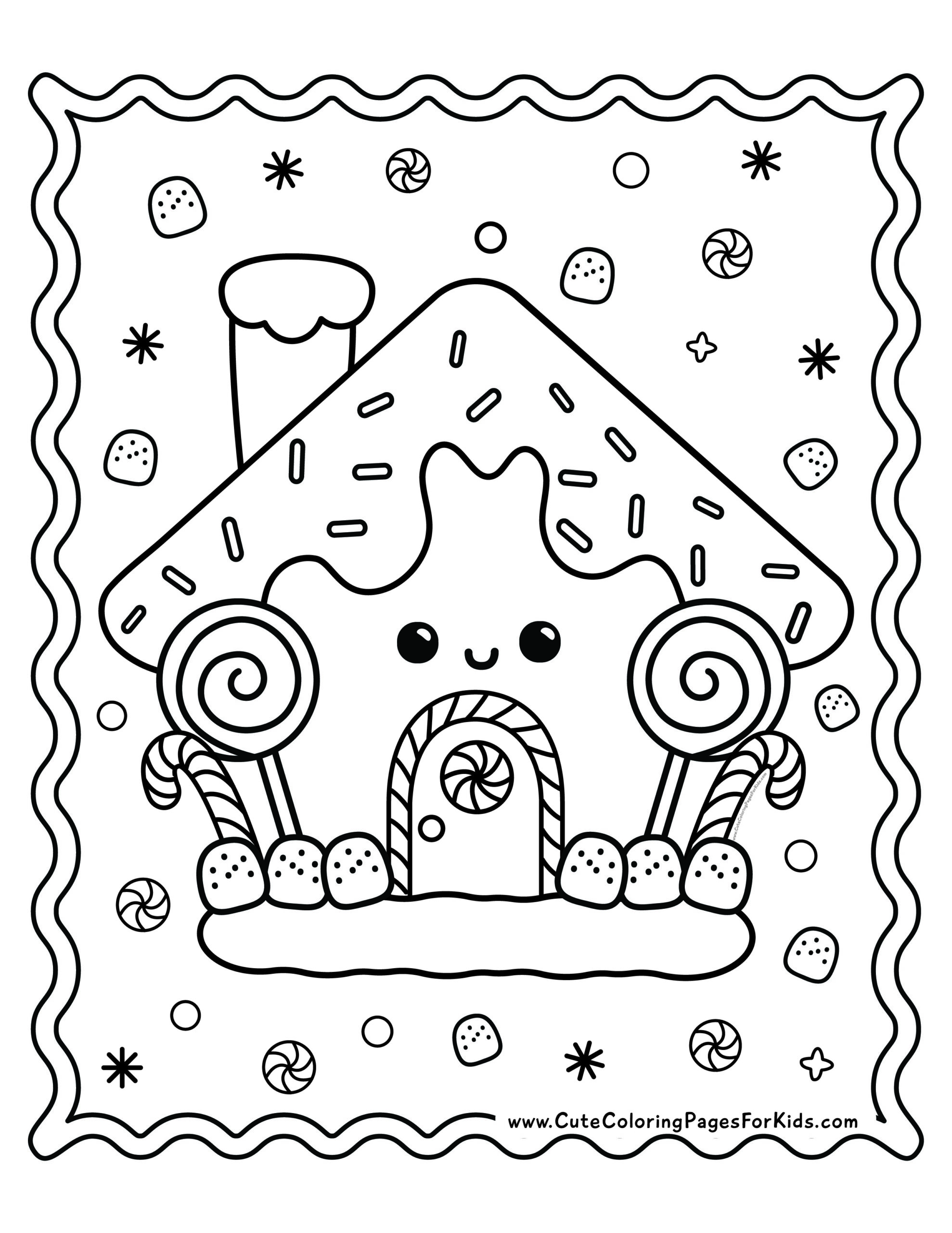 Kawaii gingerbread house coloring page with icing, lollipops, candy canes, gummy bears and powdered sugar