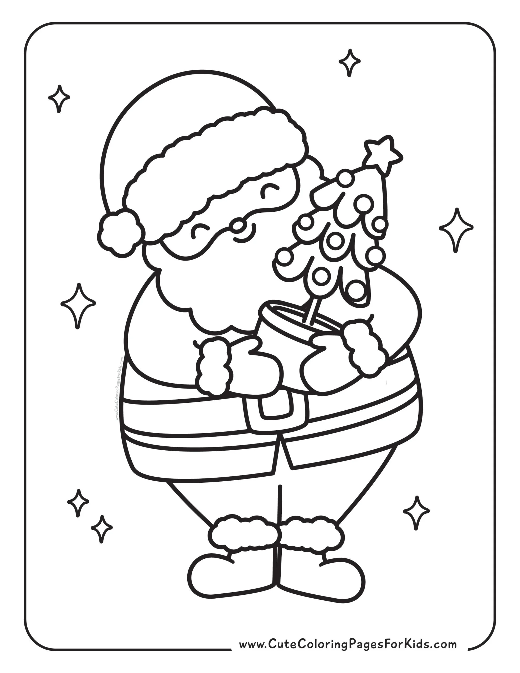 santa coloring page with picture of Santa Claus smiling and holding a potted Christmas tree