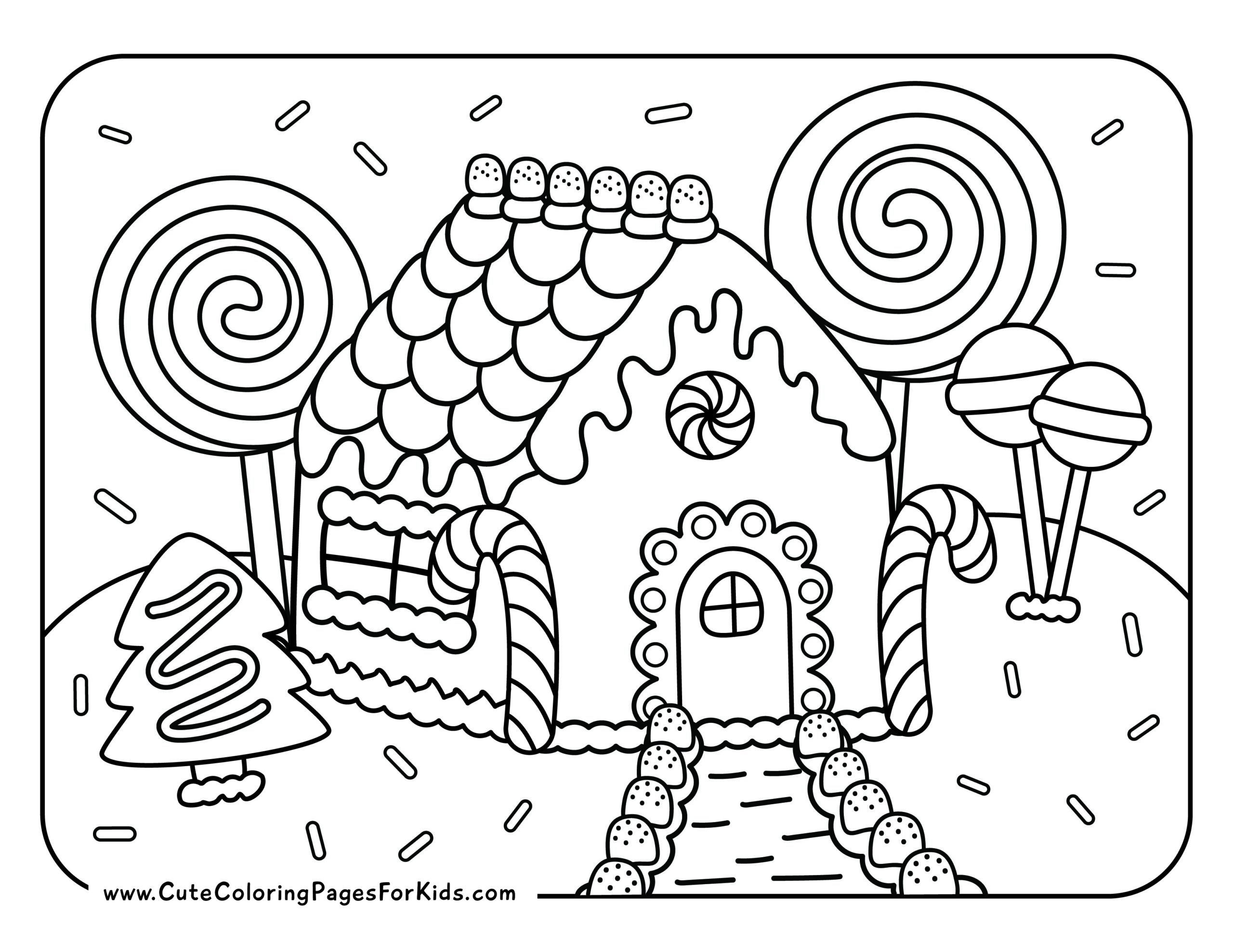 Detailed coloring page of gingerbread house with lollipops, candy canes, gummies and sprinkles