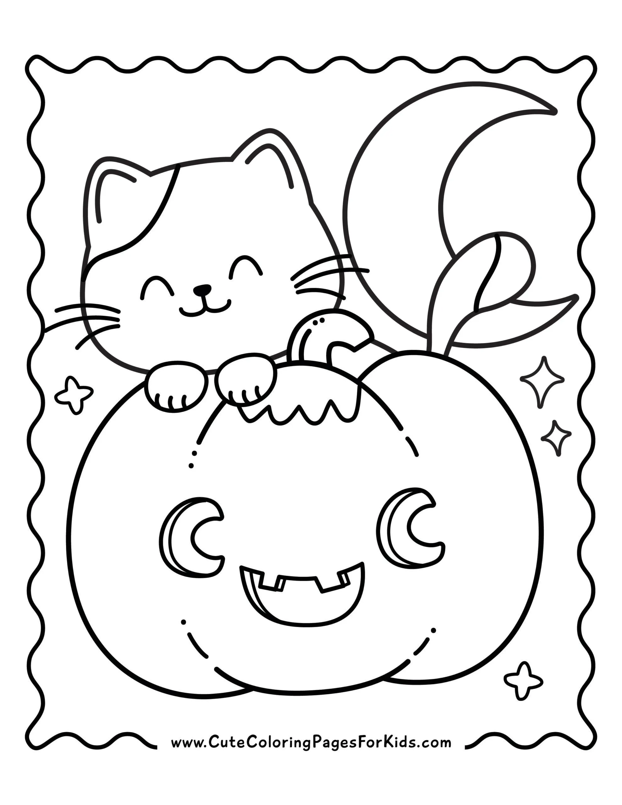 halloween coloring page with cute kitten peaking over the top of a jack-o-lantern.