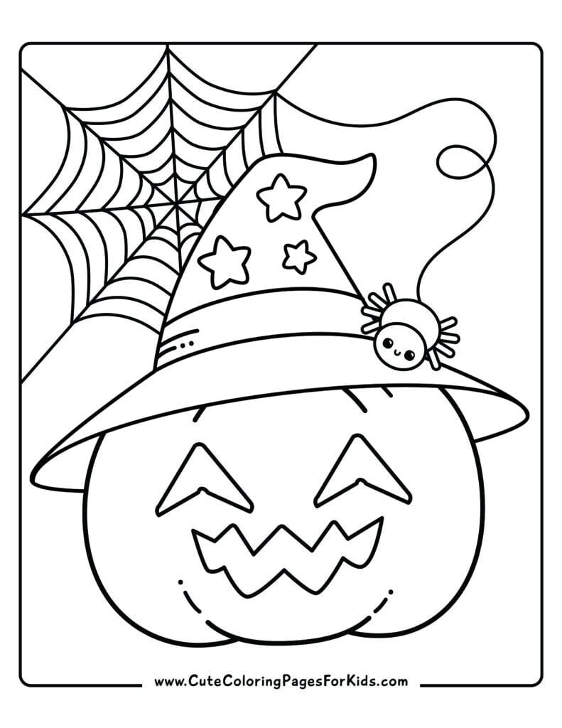 jack o lantern coloring sheet with witch hat and cute spider with spider web in the background