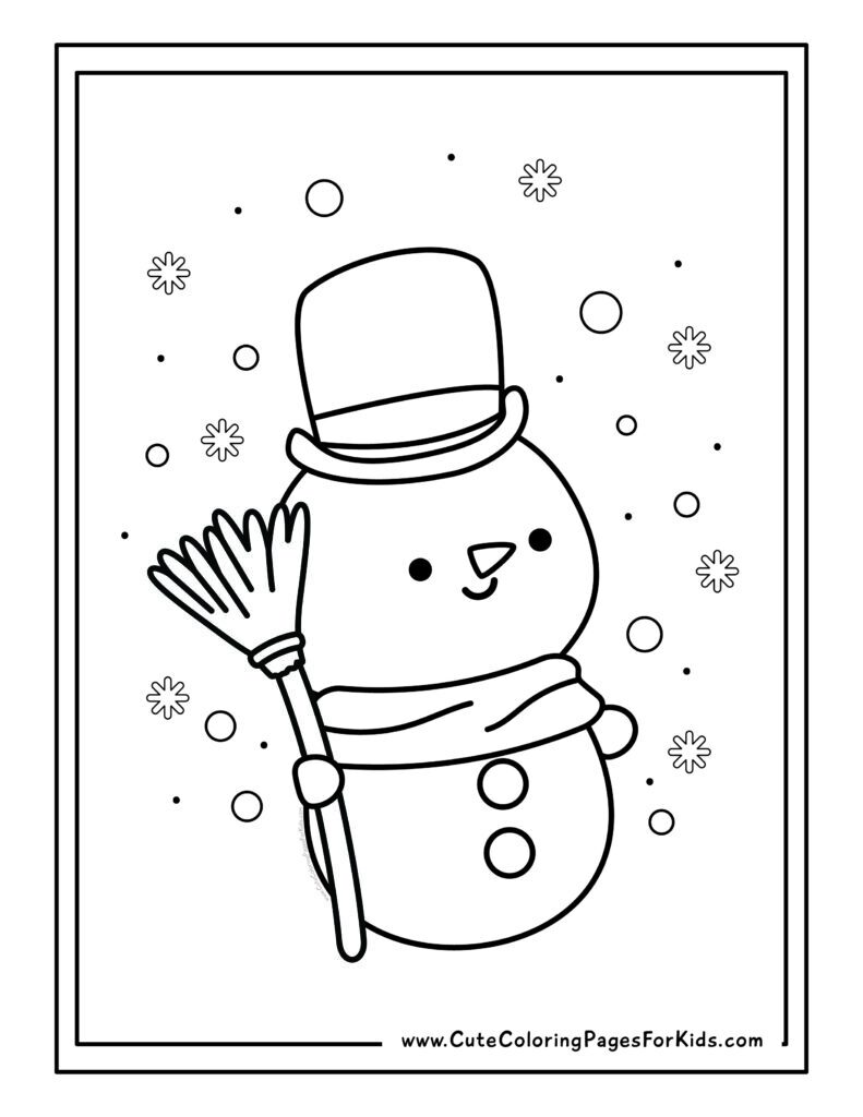 simple snowman coloring page with a cute snowman holding a broom