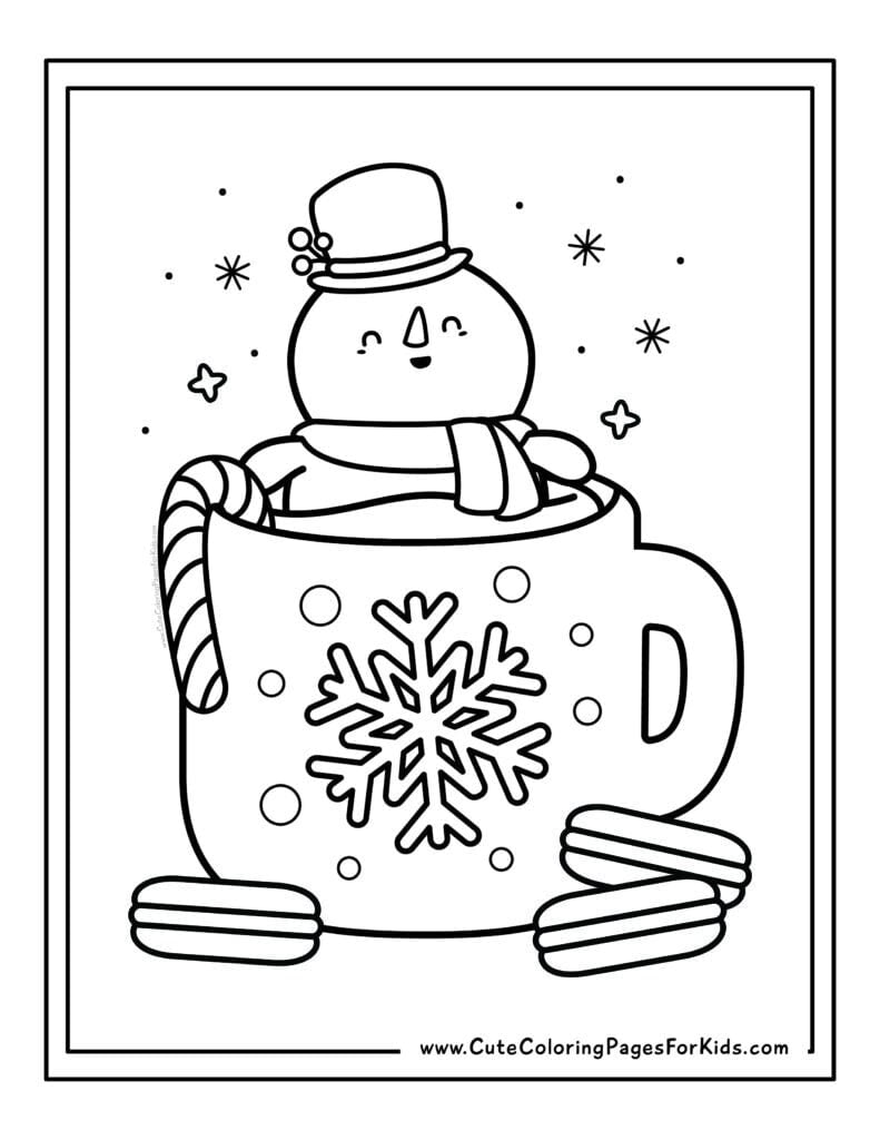 snowman coloring page with picture of a snowman sitting in a cup of hot cocoa with a candy cane and cookies around the cup