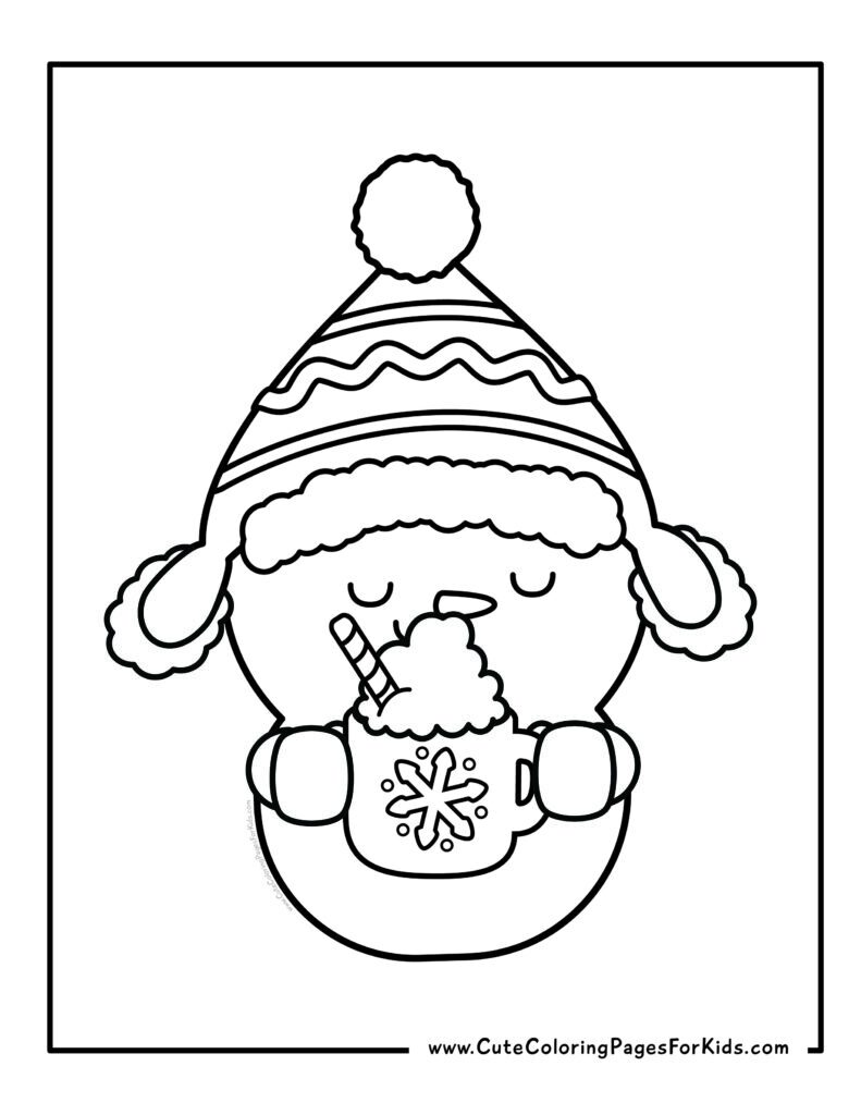 coloring page with picture of a cute snowman who is wearing a hat and drinking a cup of hot cocoa with whipped cream