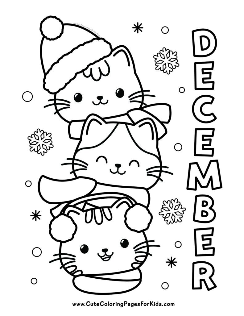 December coloring page with three cats stacked on top of each other wearing winter scarfs and hats