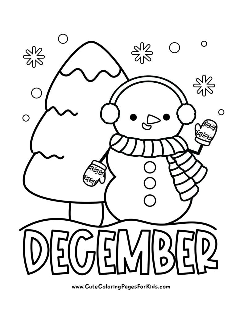 December coloring page with cute snowman waving and a snowy tree in the background